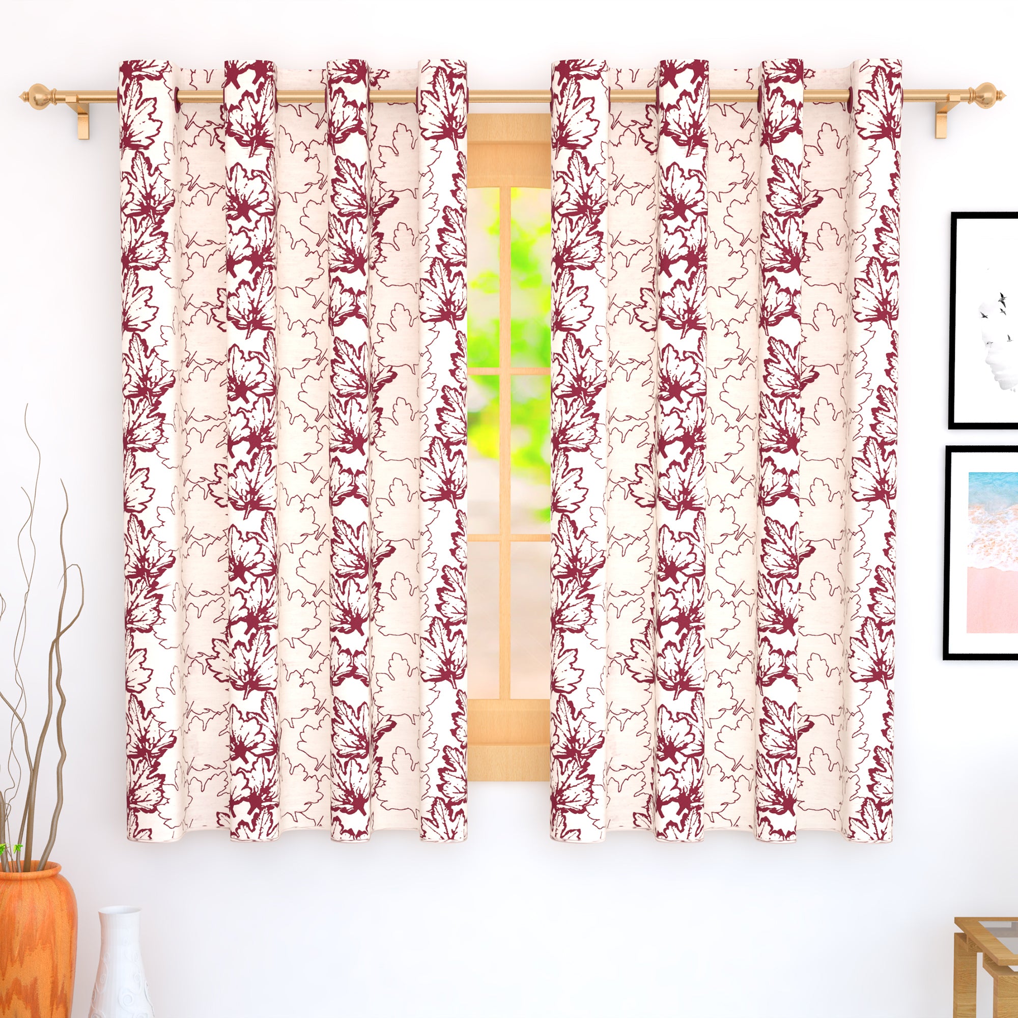 2 Pcs Maroon Compass Jacquard Room Darkening Door/Window Curtains