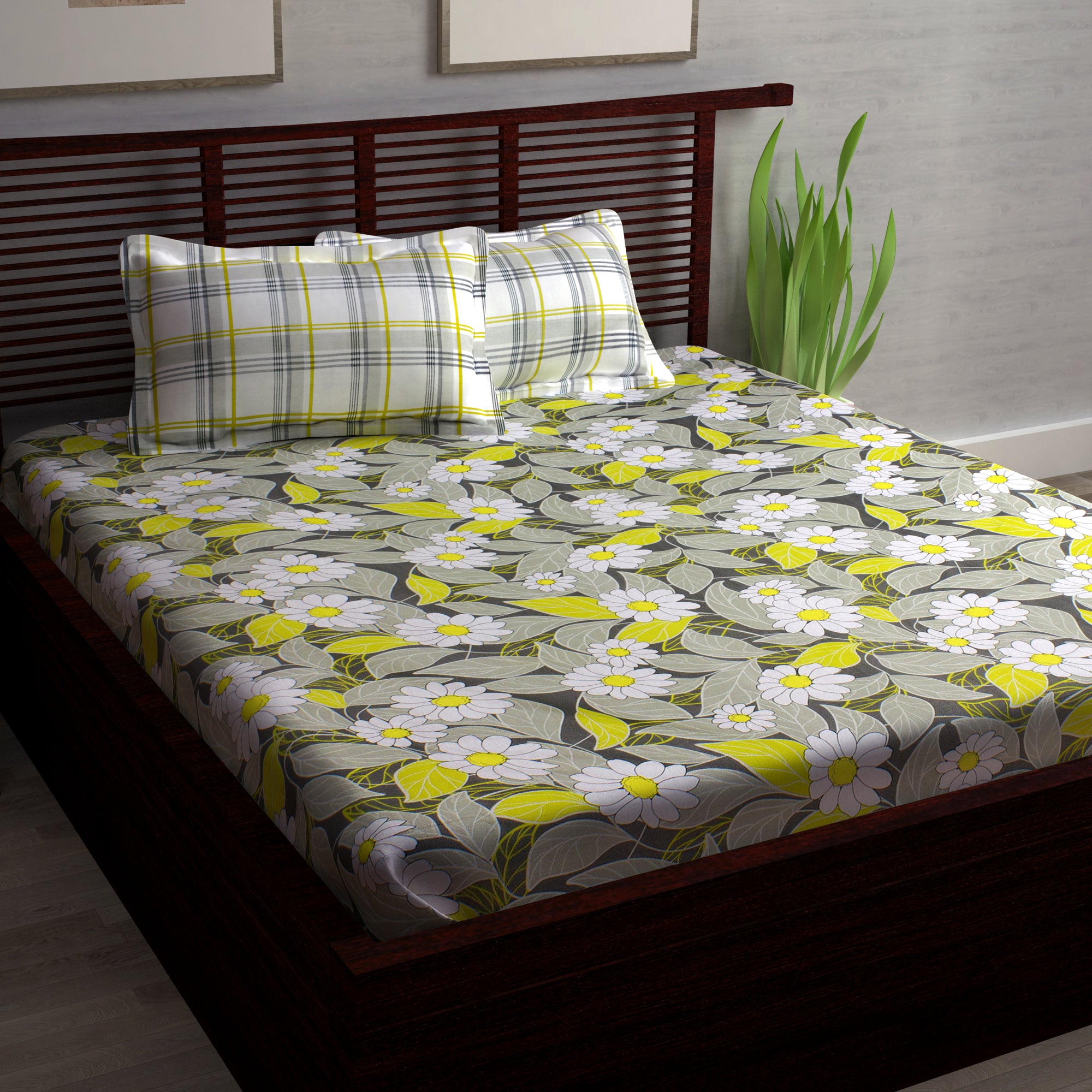 Metro Cotton Double Bedsheets Combo - 186 TC- Grey/Yellow and Grey - Floral