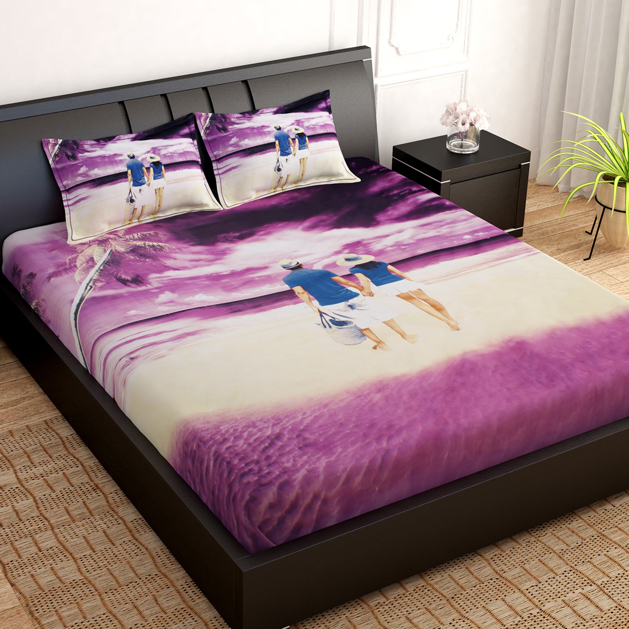 Artini Collection Joyouse Couple Pattern King Size Bedsheet - Purple