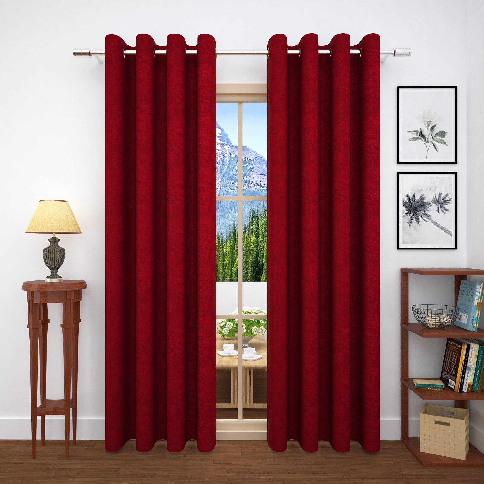 2 Pcs Maroon Bloom Jacquard Room Darkening Door/Window Curtains