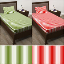 Story@Home 210 TC 100% Cotton Red & Green 2 Single Bedsheet Combo with 2 Pillow Covers