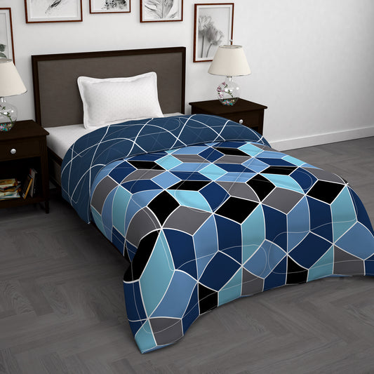 180 GSM Blue Hexagon Microfiber Fusion Reversible Single Comforter