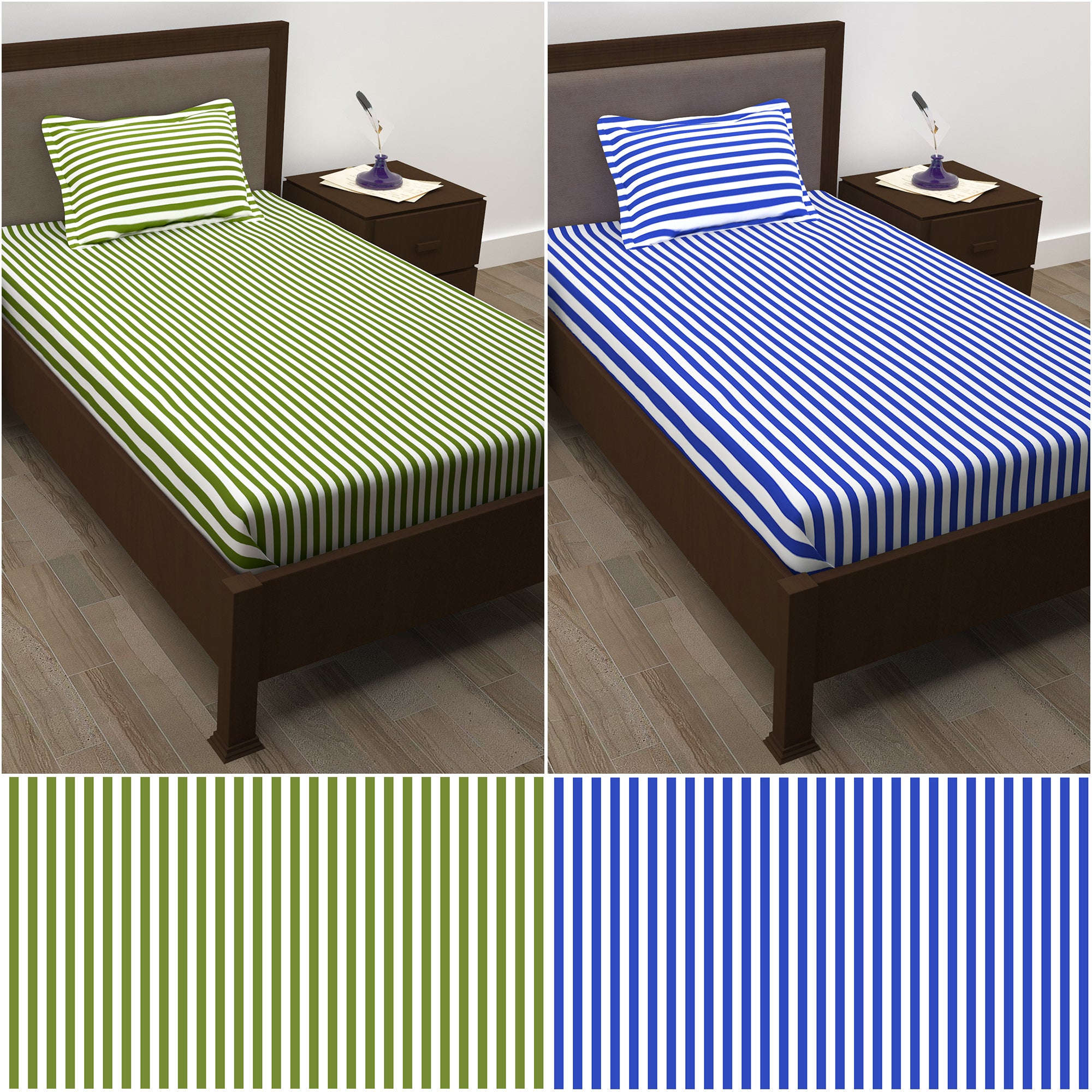 Story@Home 210 TC 100% Cotton Blue & Green 2 Single Bedsheet Combo with 2 Pillow Covers