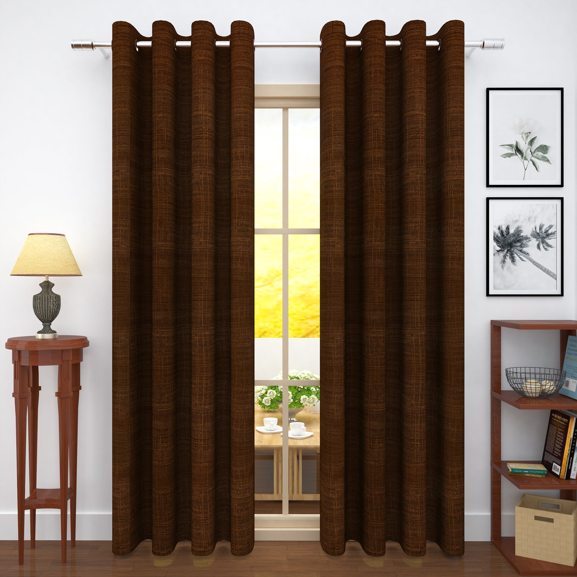 2 Pcs Brown Bloom Jacquard Room Darkening Door/Window Curtains