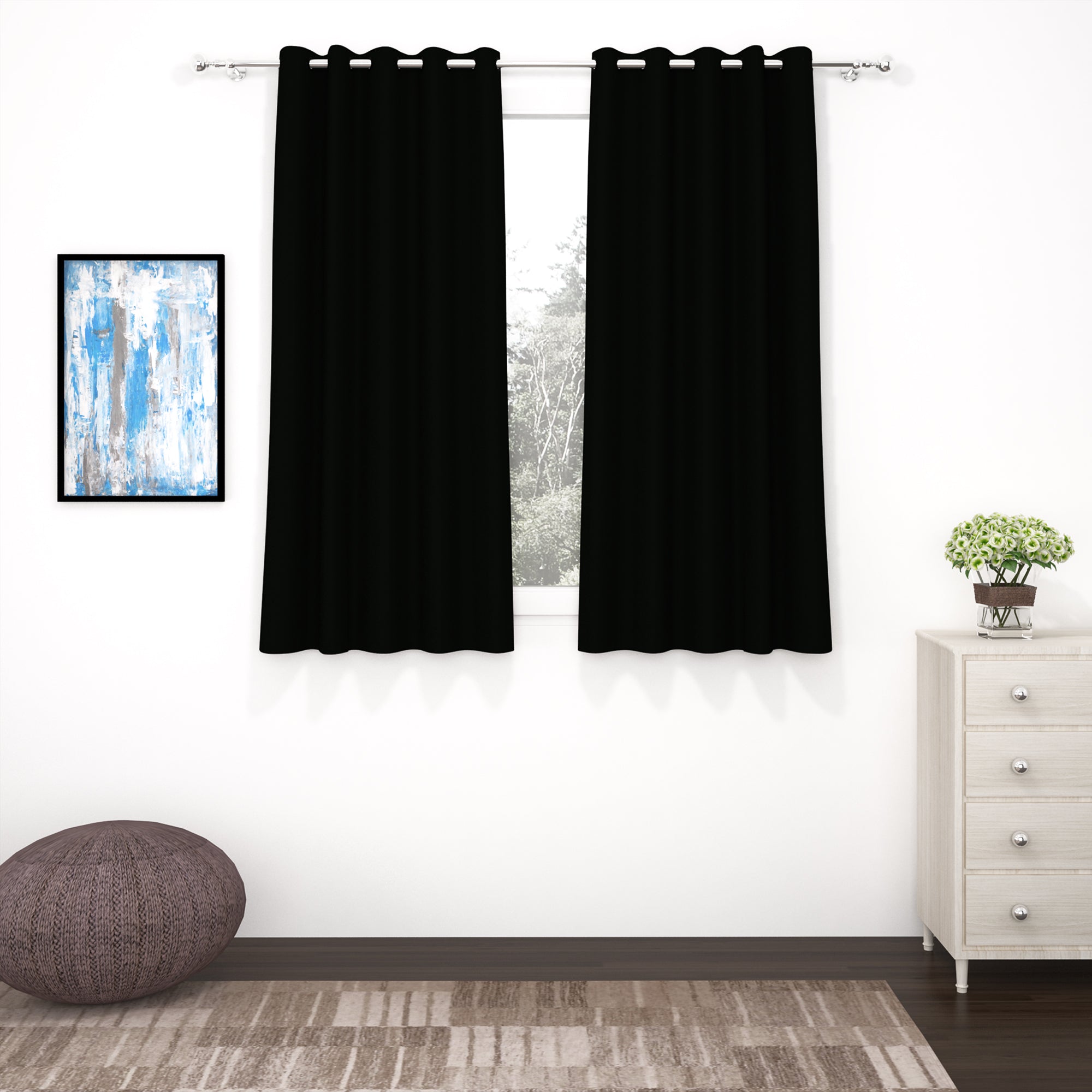2 Pcs Black Blackout Faux Silk Room Darkening Window/Door/Long Door Curtains