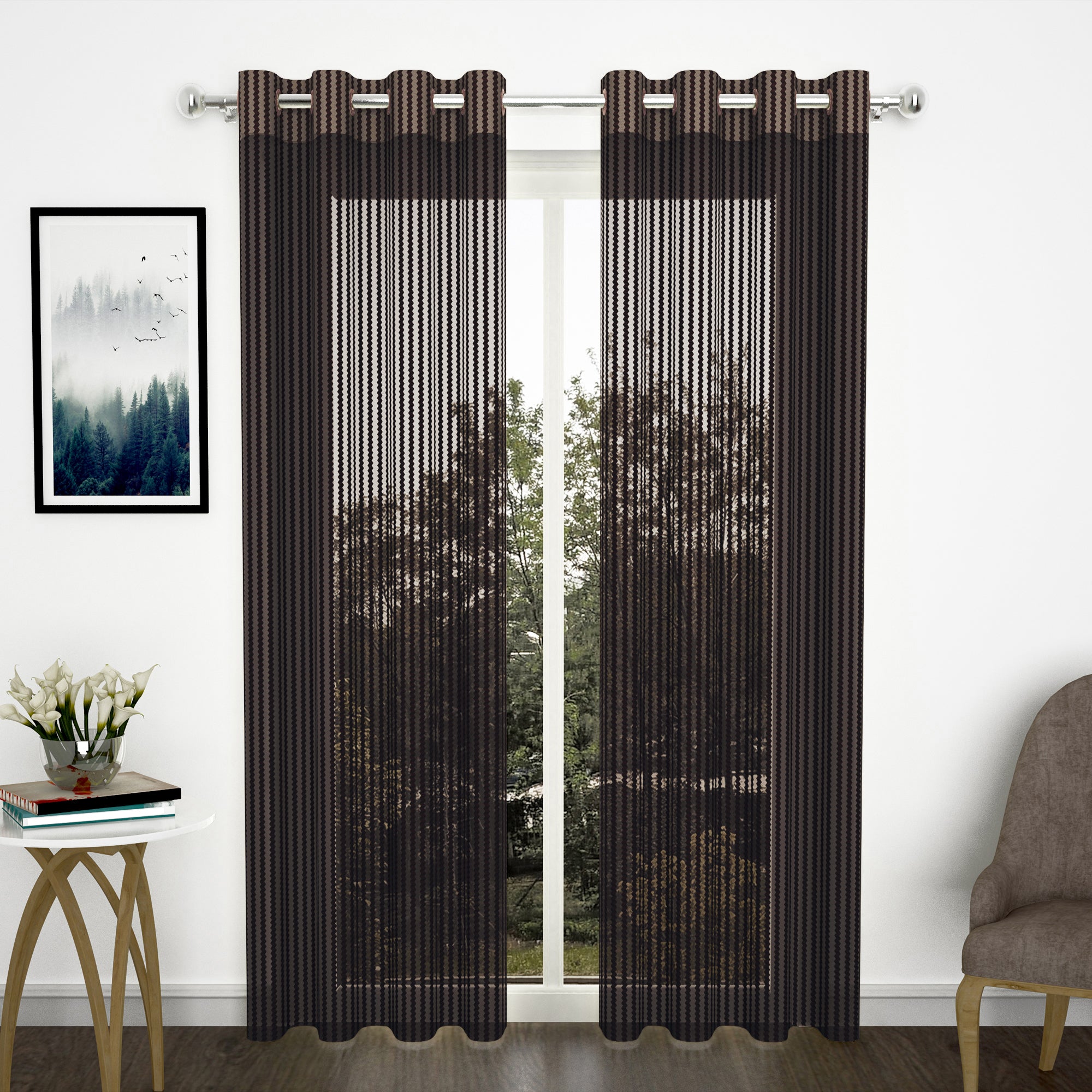 2 Pcs Coffee Brown Sheer Net Polyester Window/Door Curtains
