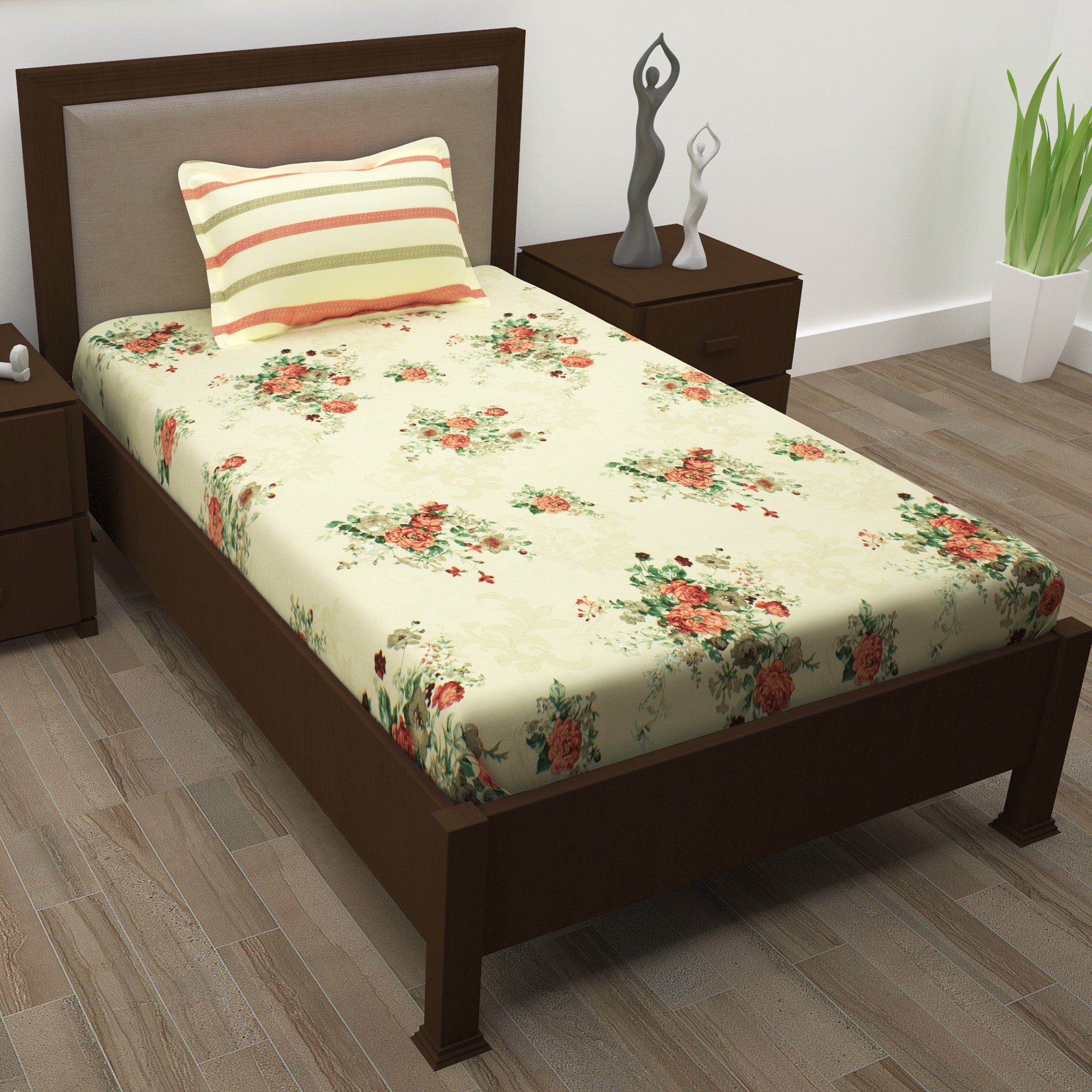 Metro 186 TC Cotton Cream Double Bedsheet with Pillow Covers