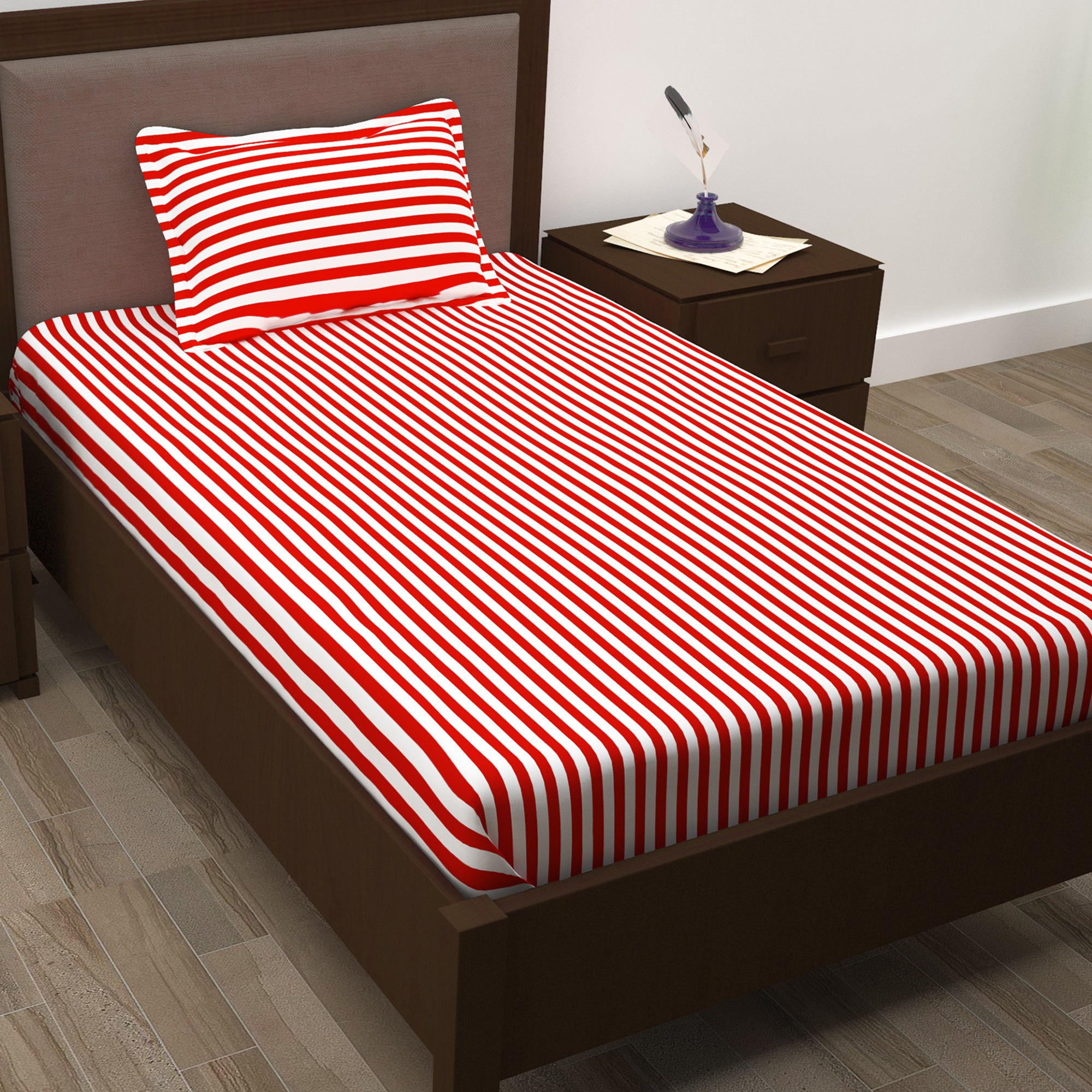 Story@Home 210 TC 100% Cotton Red 2 Single Bedsheet Combo with 2 Pillow Covers