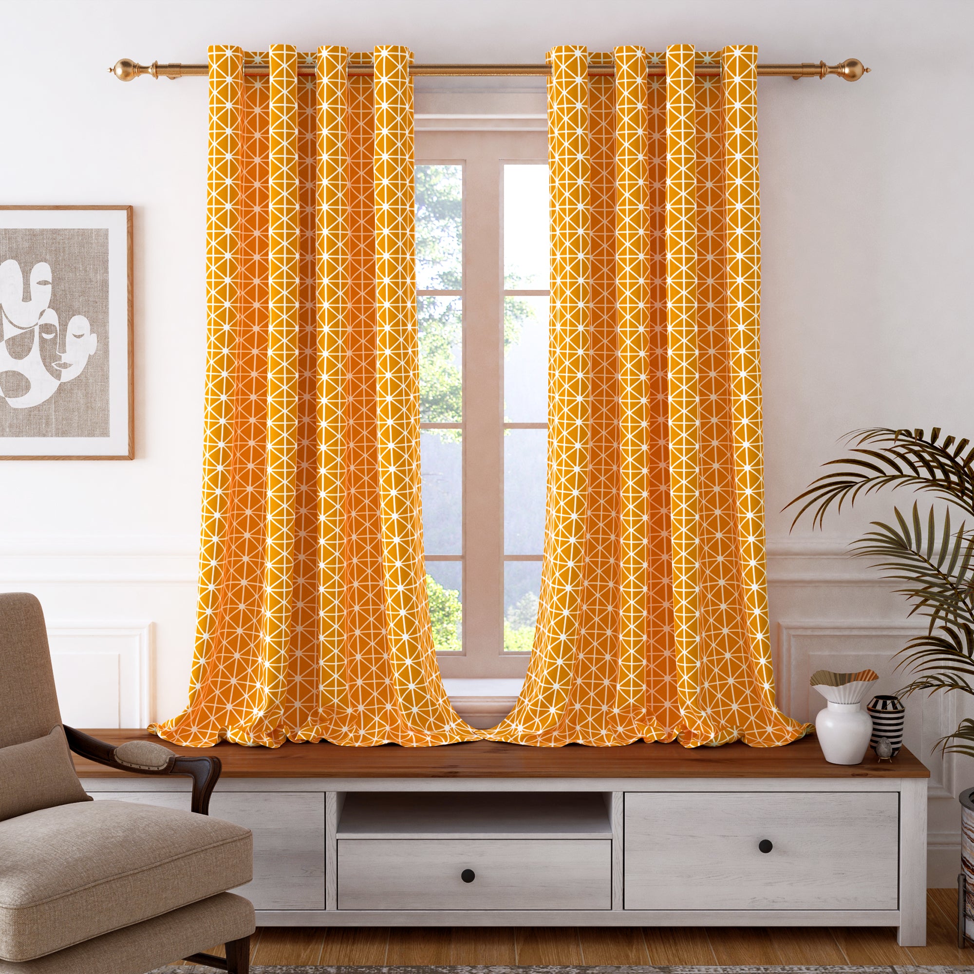 2 Pcs 300GSM Orange Bohemian Cotton Canvas Curtain Window/Door/Long Door Curtains