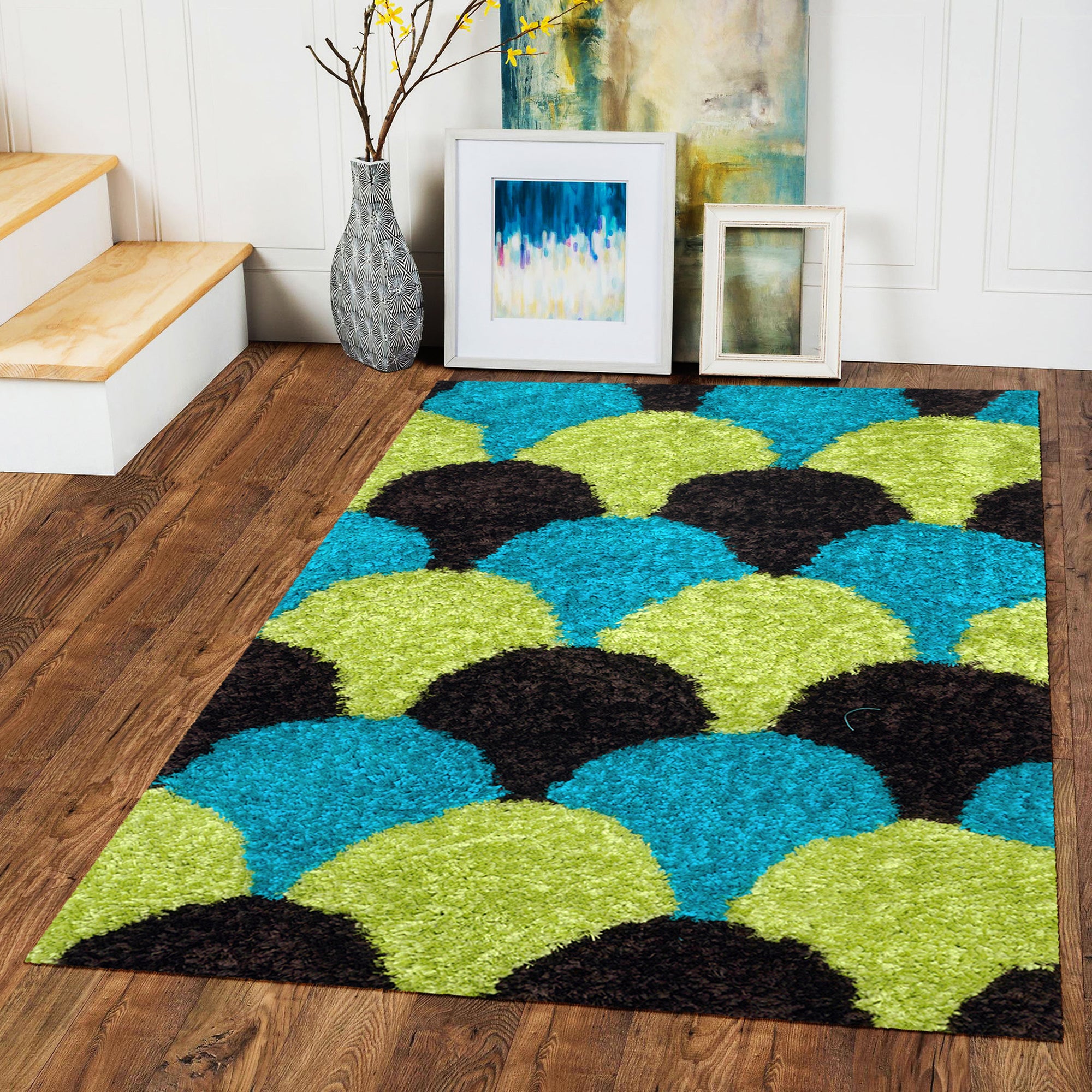 Designer Blue & Green Shaggy Modern Carpet for Living Room