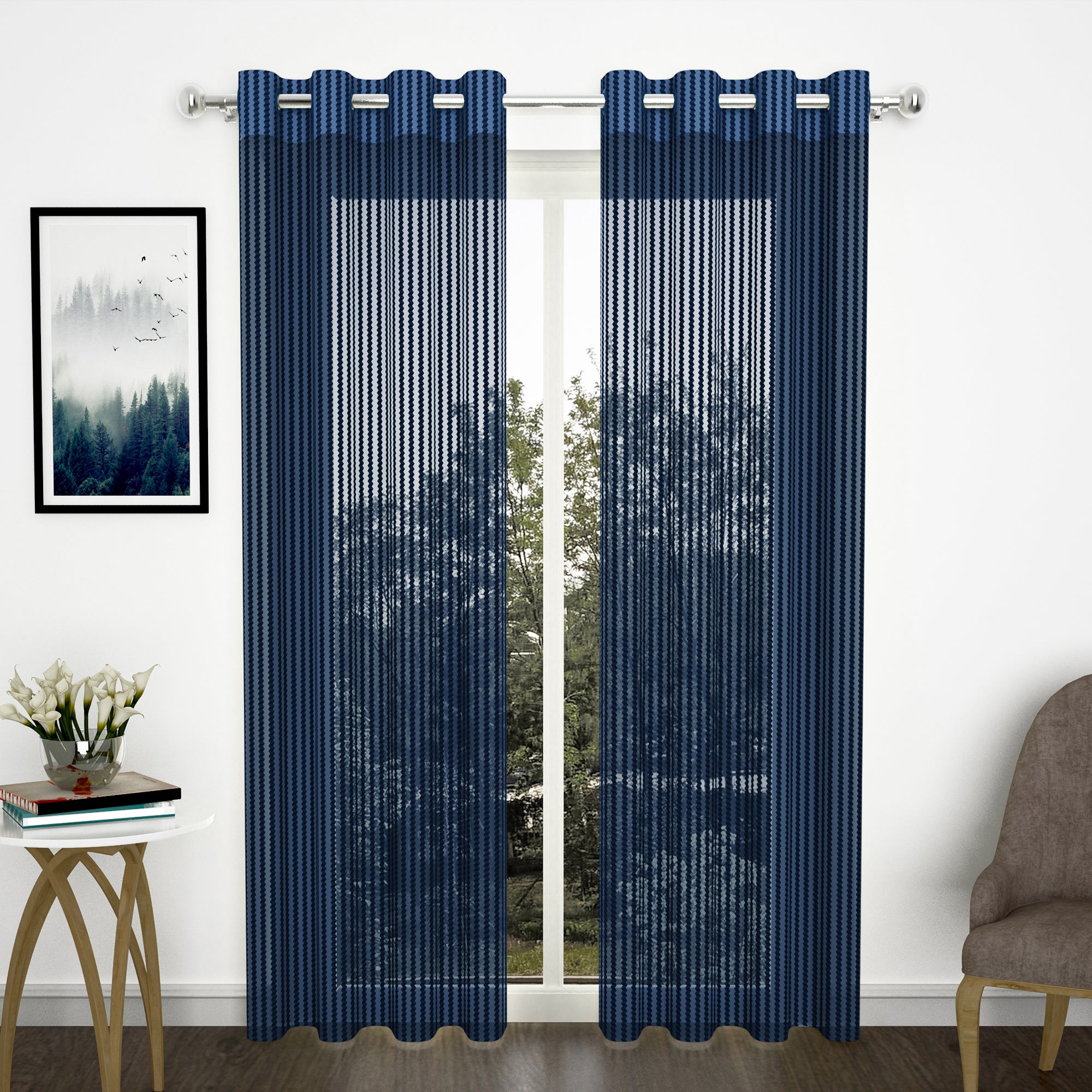 2 Pcs Navy Blue Sheer Net Polyester Window/Door Curtains
