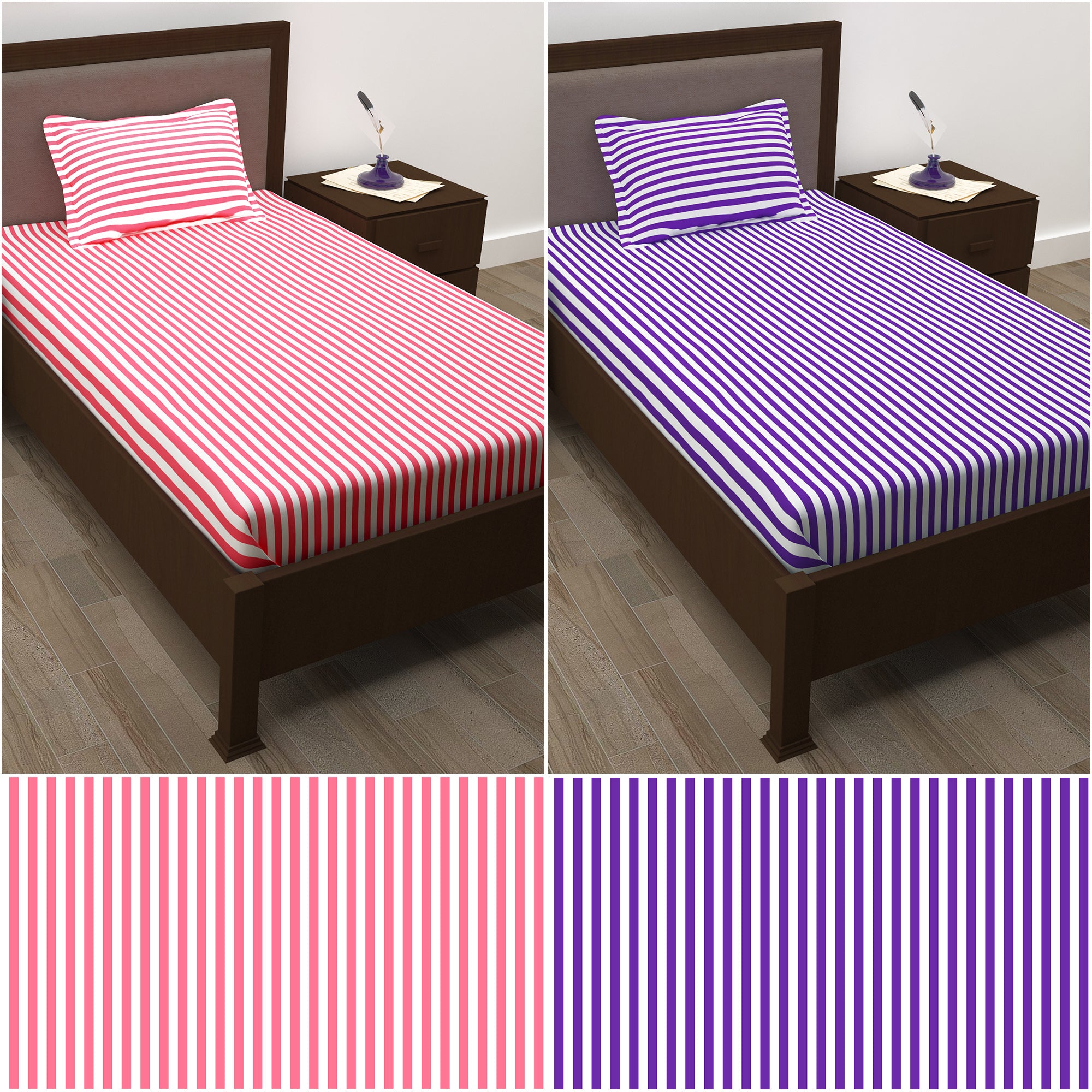 Story@Home 210 TC 100% Cotton Pink & Purple 2 Single Bedsheet Combo with 2 Pillow Covers