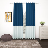 2 Pcs Blue-Silver Blackout Gold Faux Silk Room Darkening Door Curtains, 7 Ft