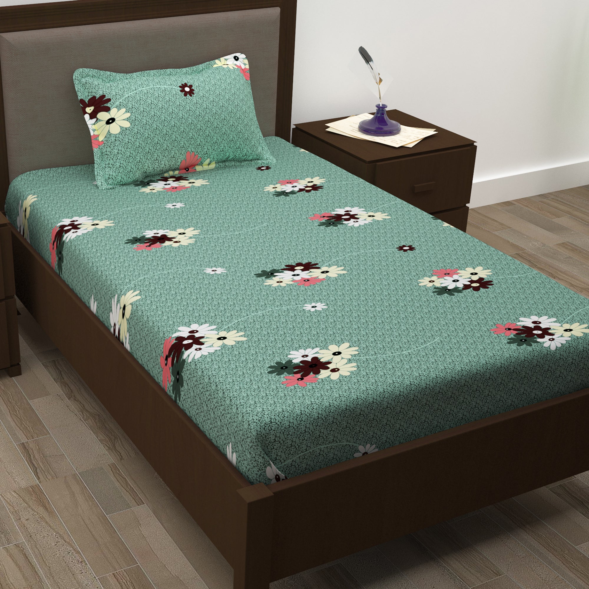 Story@Home 210 TC 100% Cotton Green & Peach Floral 2 Single Bedsheet Combo with 2 Pillow Covers
