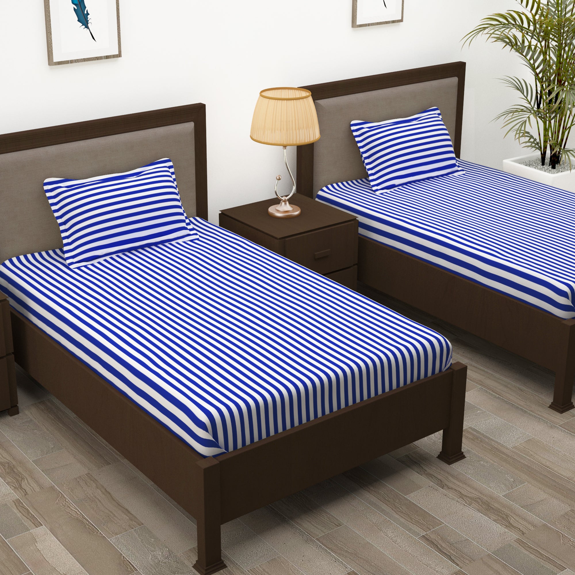 Story@Home 210 TC 100% Cotton Blue 2 Single Bedsheet Combo with 2 Pillow Covers