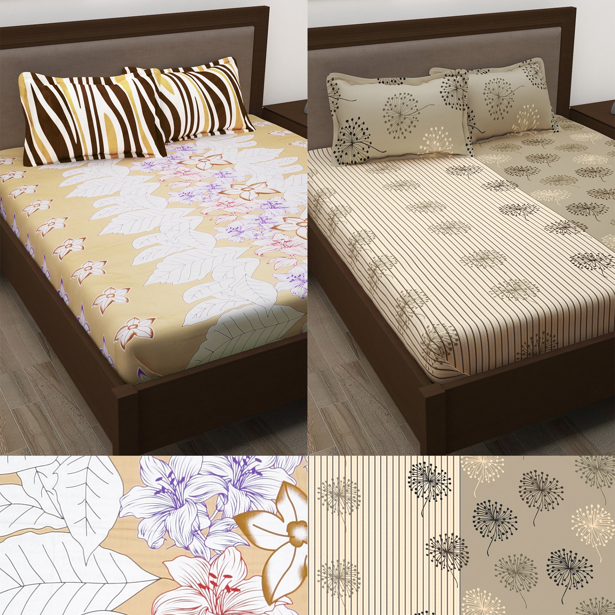Story@Home 186 TC 100% Cotton 2 Double Bedsheets Combo With 4 Pillow Covers - Cream