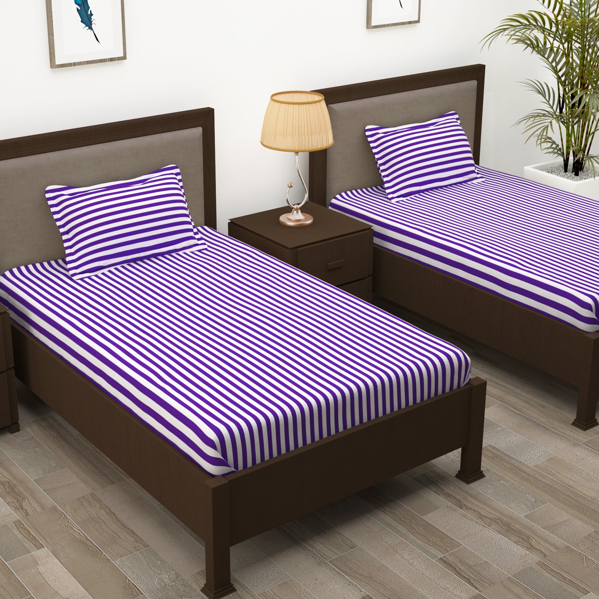 Story@Home 210 TC 100% Cotton Purple 2 Single Bedsheet Combo with 2 Pillow Covers
