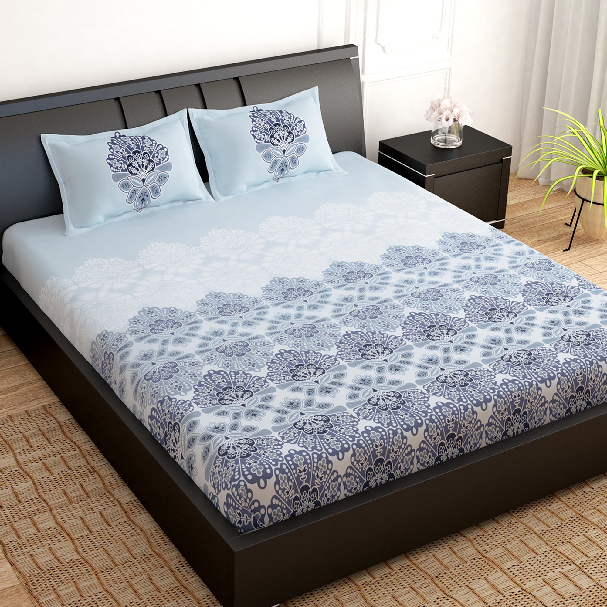 PAVO Tranquil Luxurious Grey & Blue Floral King Size Bedsheet
