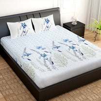 PAVO Tranquil Luxurious Blue & White Floral King Size Bedsheet