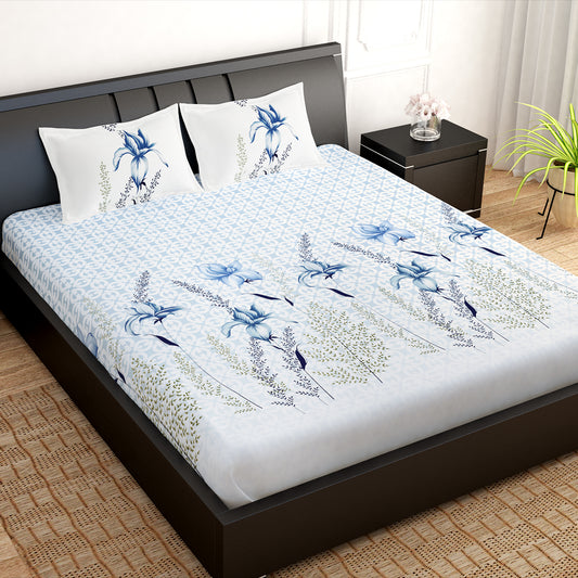 PAVO Tranquil Luxurious Blue & White Floral King Size Bedsheet