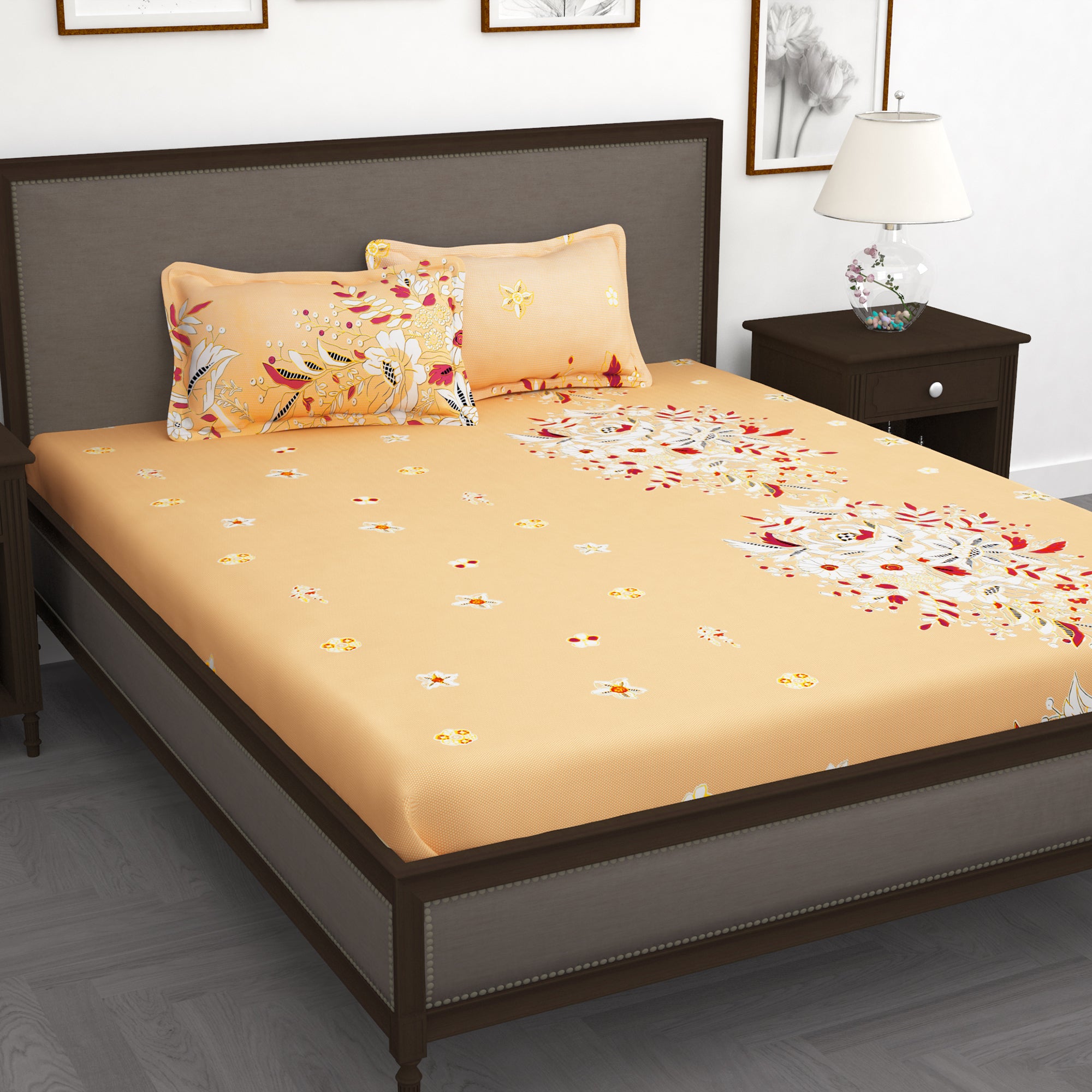 300 TC Light Orange Floral 1 King Size Bedsheet With 2 Pillow Cover