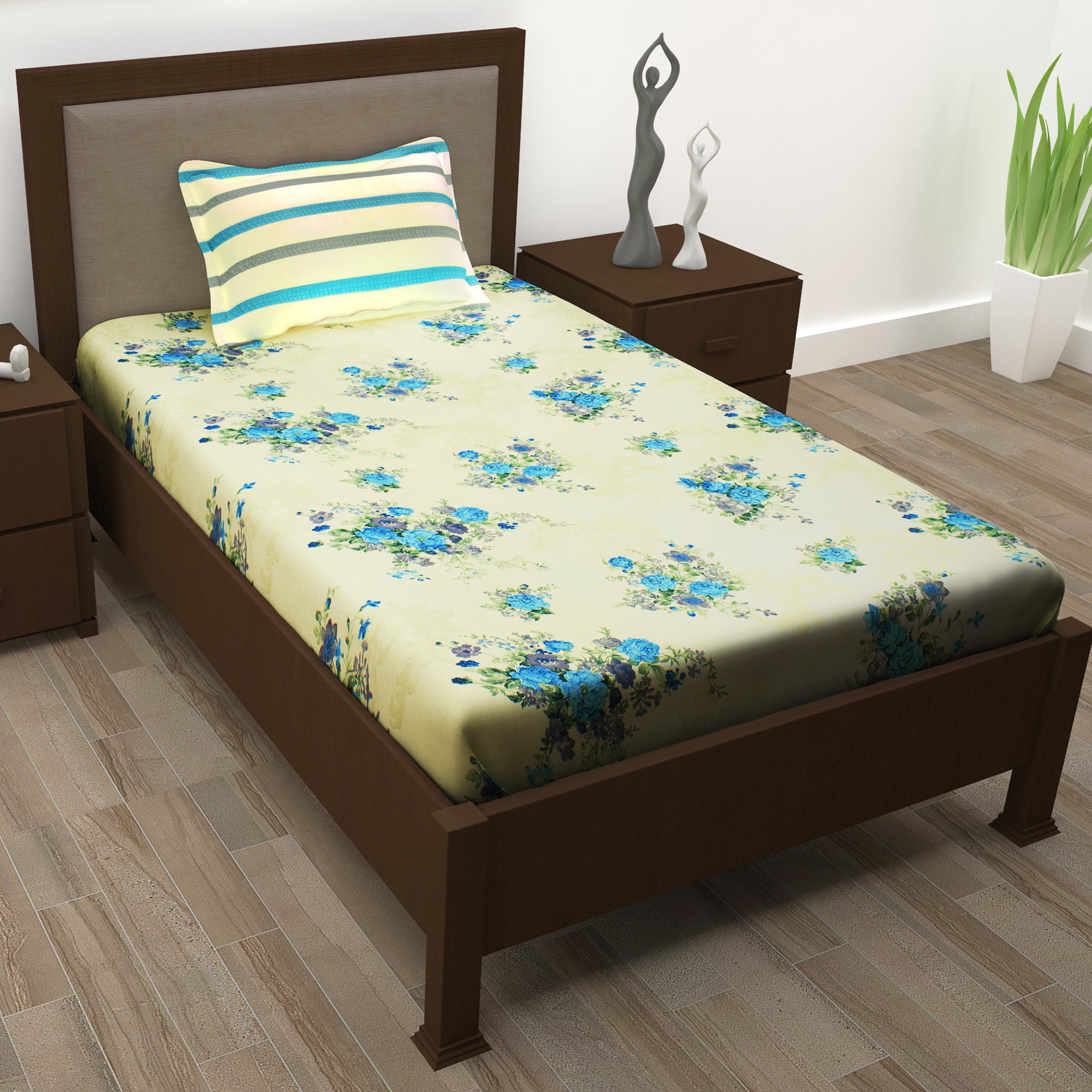 Metro 186 TC Cotton Cream Single Bedsheet with Pillow Covers