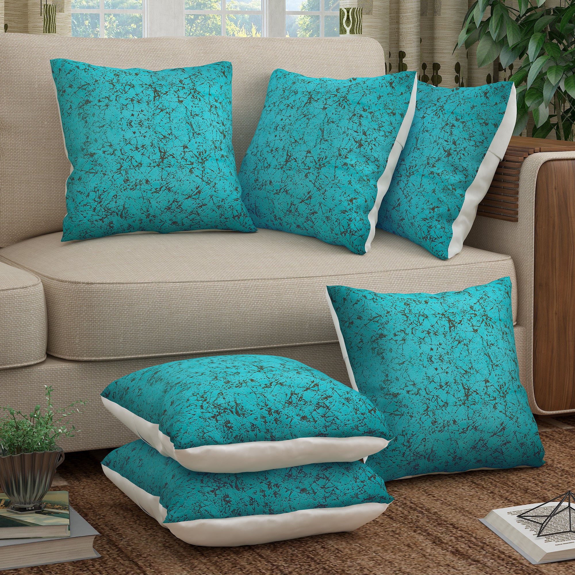 Story@Home Sky Blue Abstract Polyester 6 pcs of Alegra Cushion Covers
