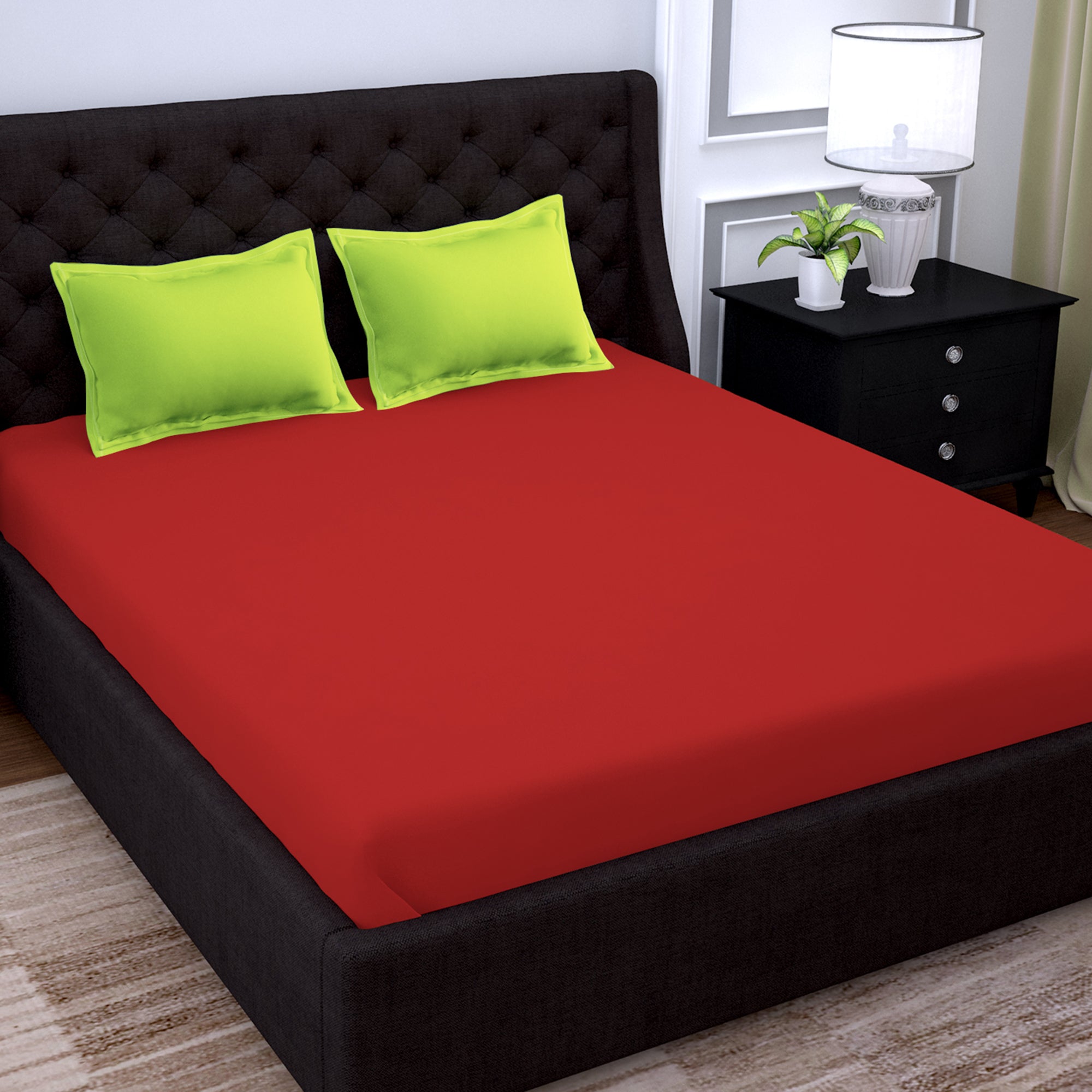 PAVO Tranquil Solid Luxurious King Bedsheet (Red and Neon Green)