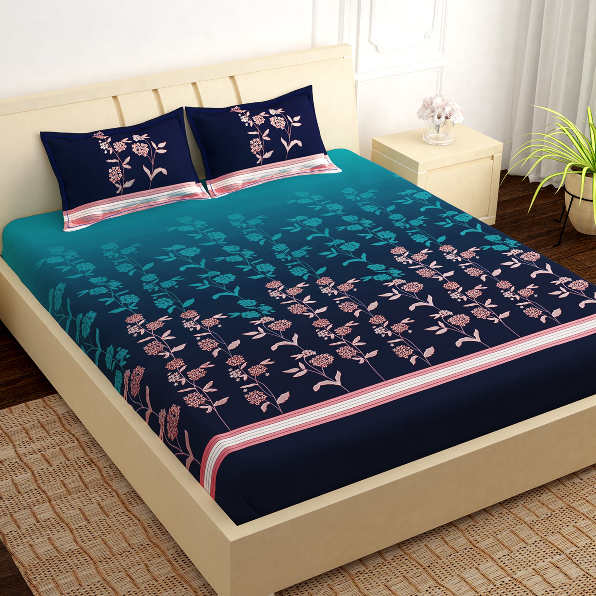 Artini Collection Floral Pattern King Size Bedsheet - Blue