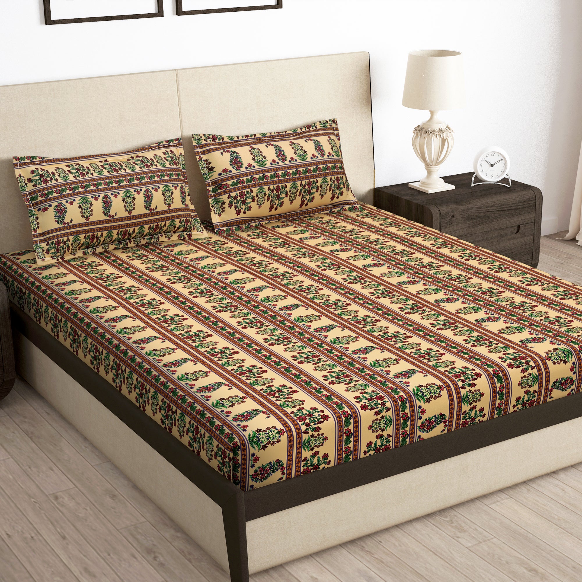 Arena 186 TC Beige Double Size Bedsheet With 2 Pillow Cover