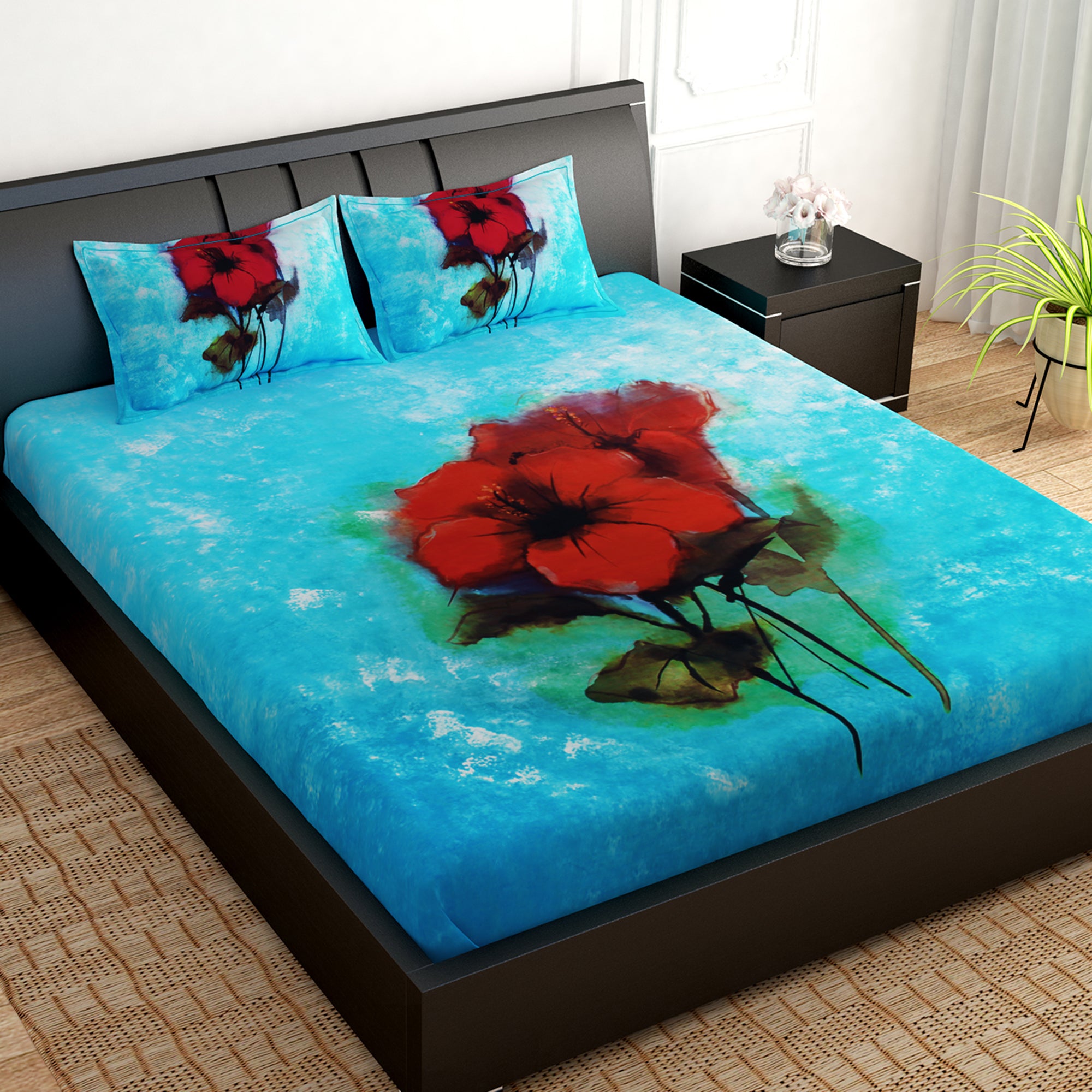 Artini Collection Hibiscus Pattern King Size Bedsheet -Blue