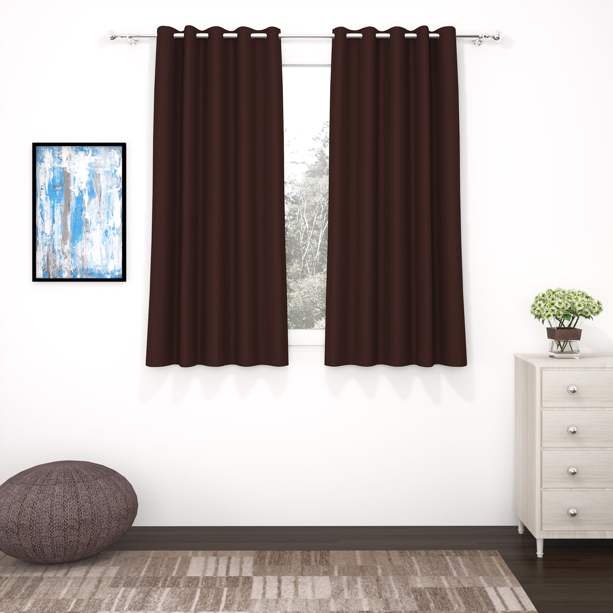 2 Pcs Brown Blackout Faux Silk Room Darkening Window/Door/Long Door Curtains