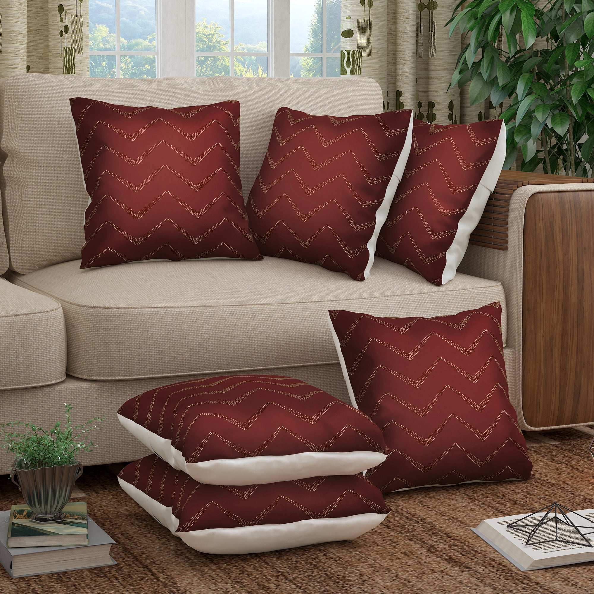 Story@Home Red Chevron Polyester 6 pcs of Alegra Cushion Covers