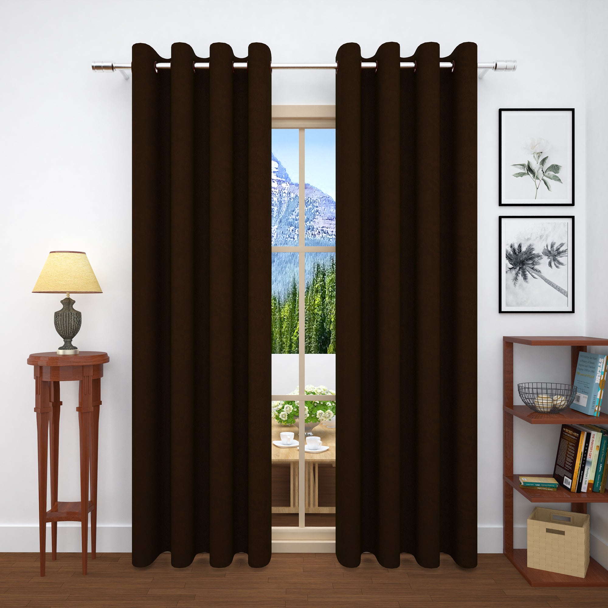 2 Pcs Brown Bloom Jacquard Room Darkening Door/Window Curtains