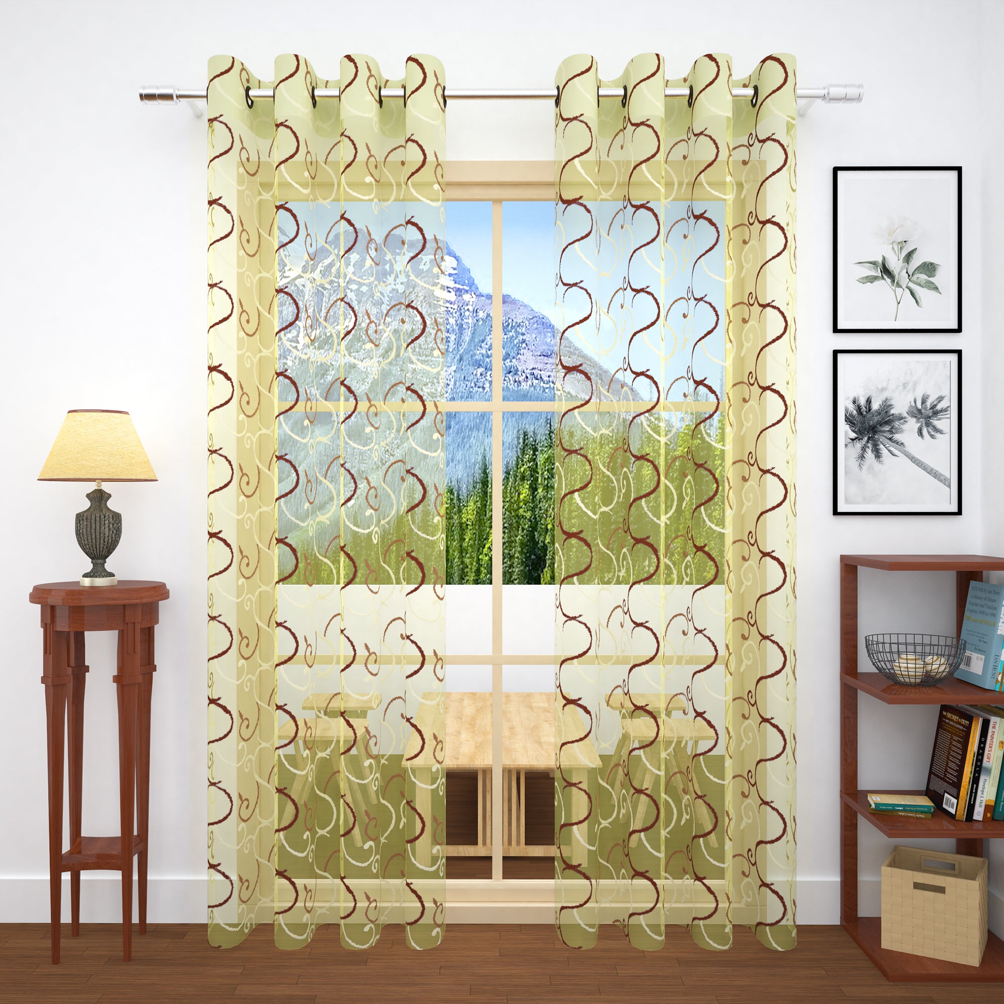 2 Pcs White & Brown Imagica Sheer Door Curtain, 7 ft