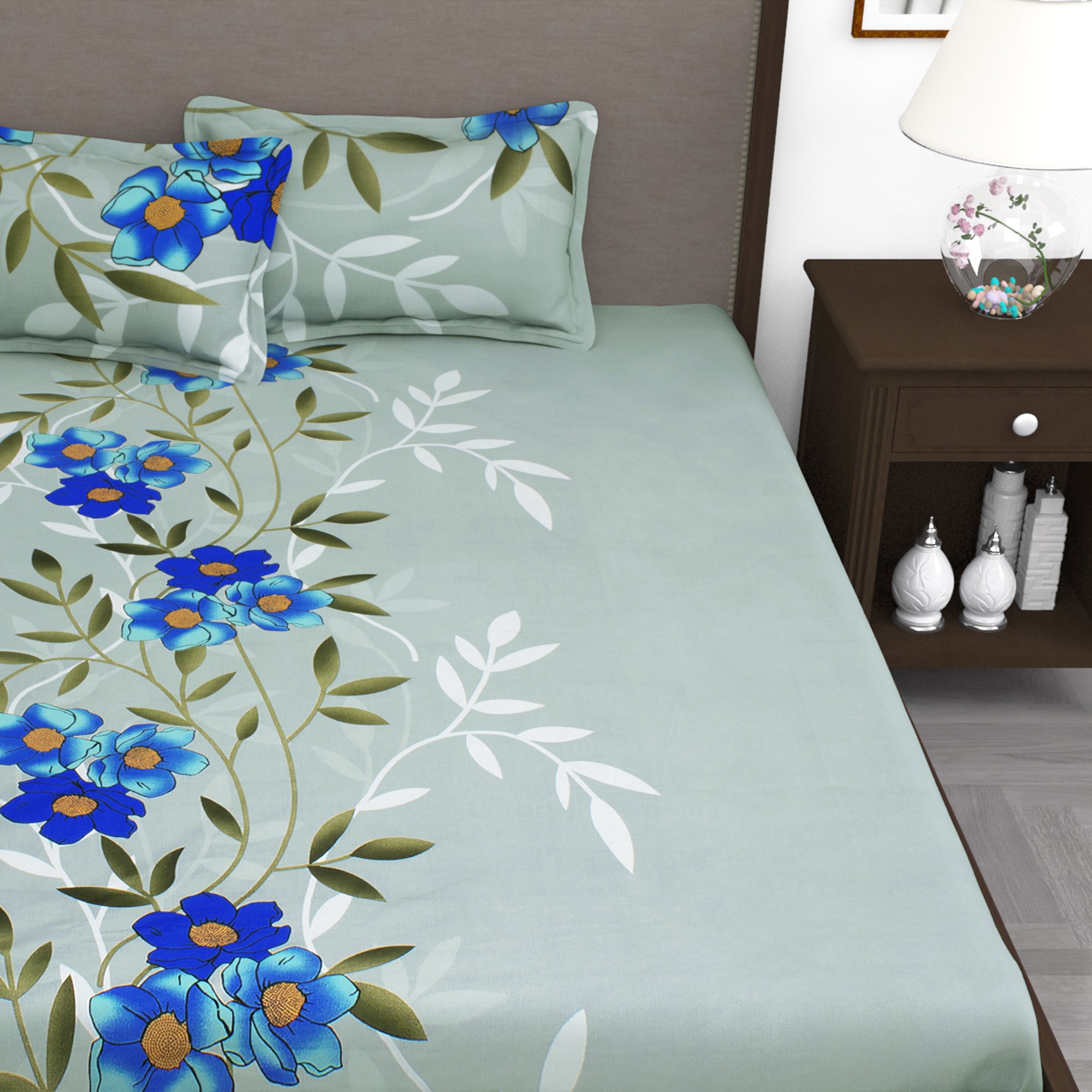300 TC Grey Floral 1 King Size Bedsheet With 2 Pillow Cover