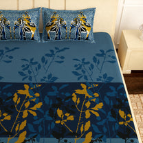 Artini Collection Floral Pattern King Size Bedsheet - Blue & Mustard Yellow
