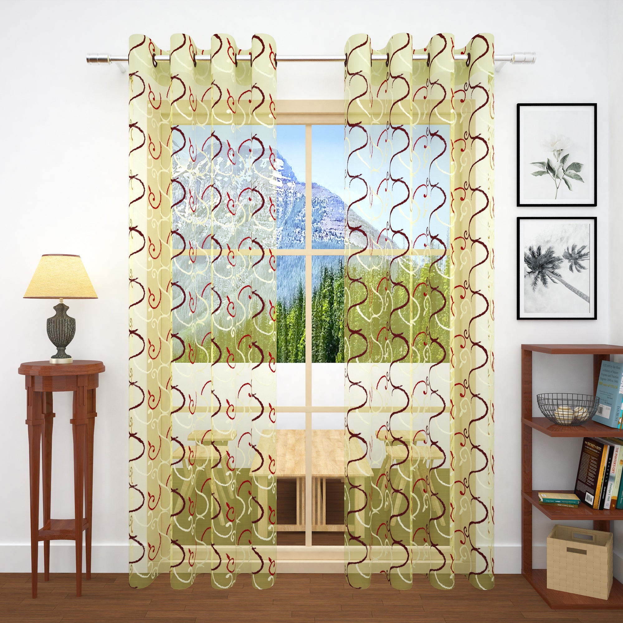 2 Pcs Beige & Maroon Imagica Sheer Door Curtain, 7 ft