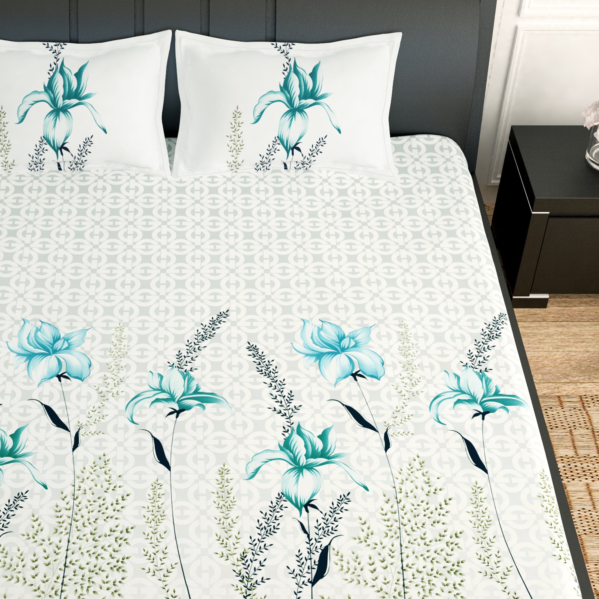 PAVO Tranquil Luxurious Light Blue & White Floral King Size Bedsheet