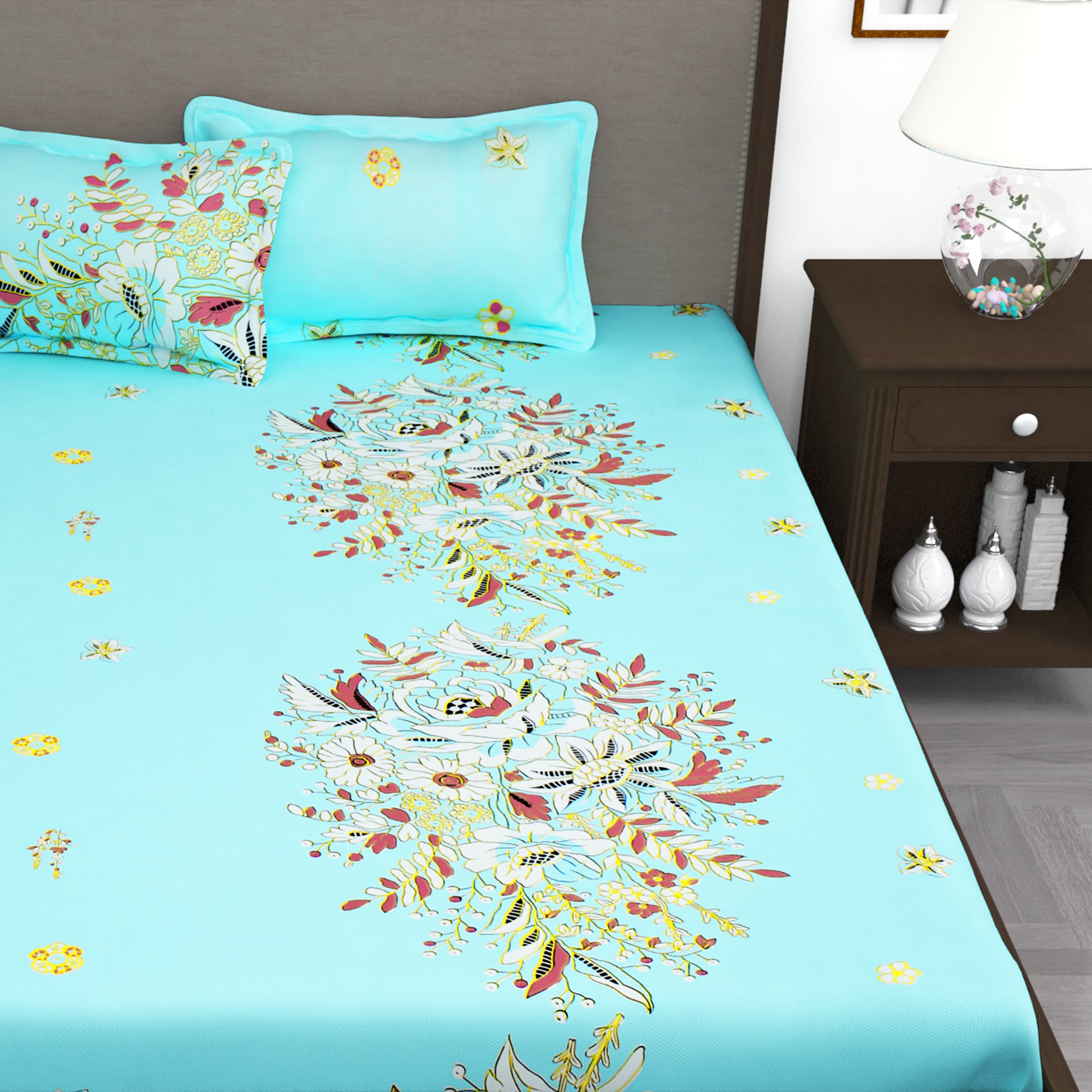 300 TC Turquoise Floral 1 King Size Bedsheet With 2 Pillow Cover