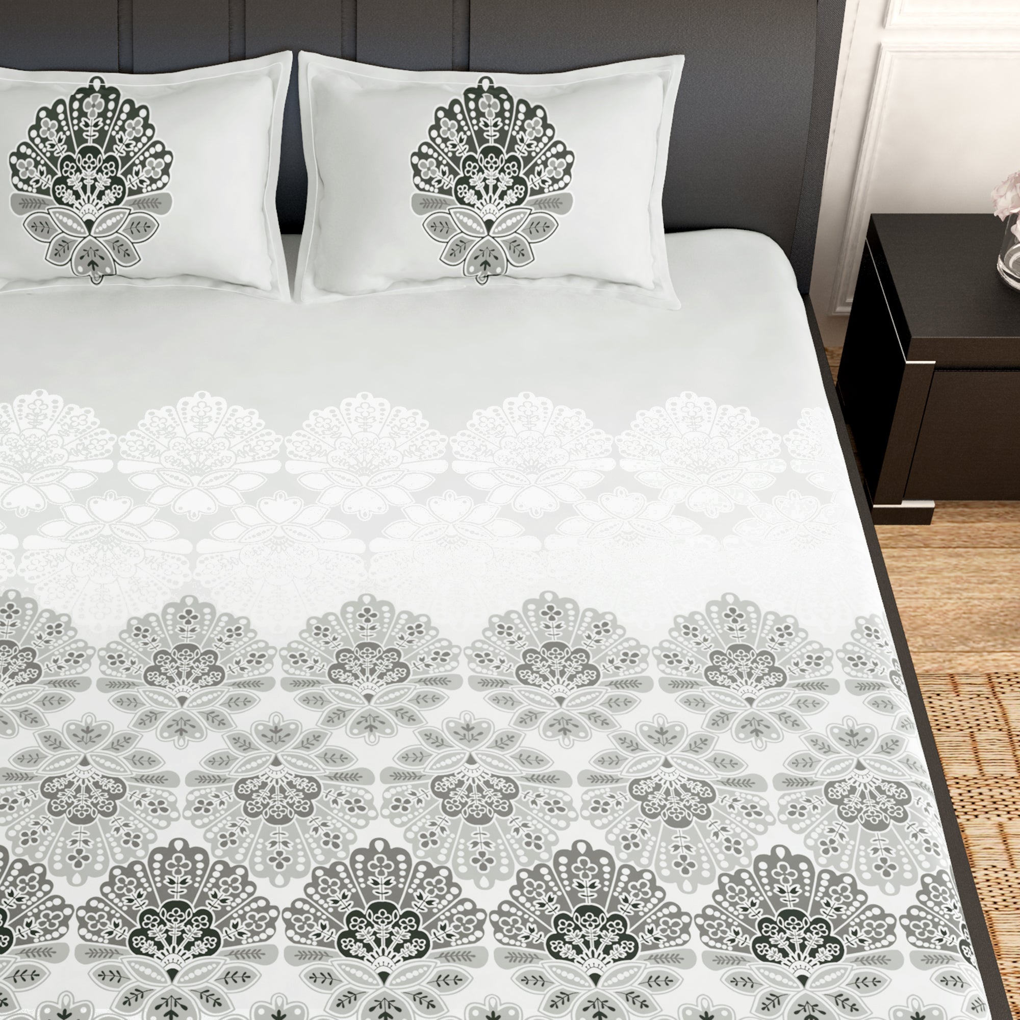 PAVO Tranquil Luxurious Grey & White Floral King Size Bedsheet