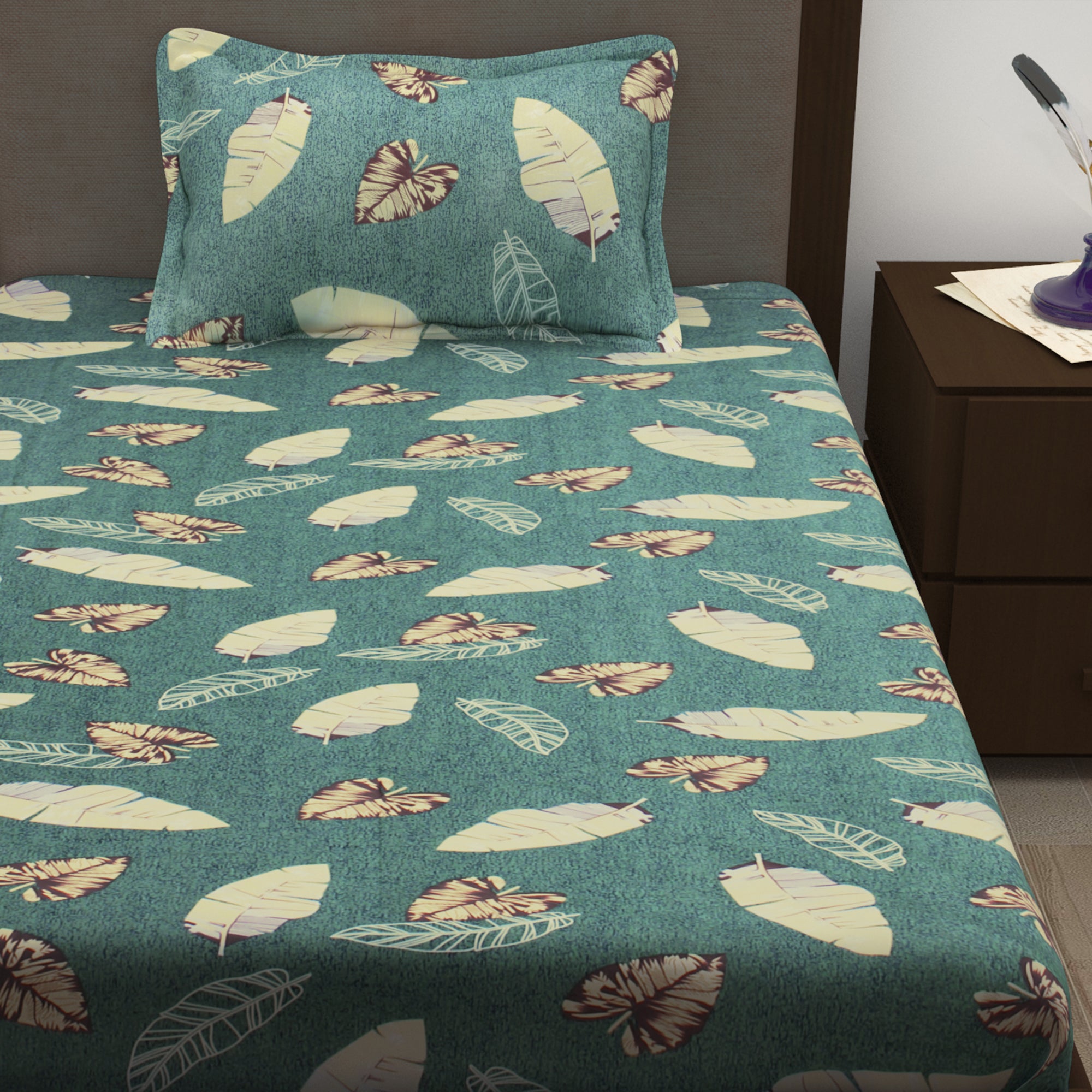 Story@Home 210 TC 100% Cotton Green Floral 2 Single Bedsheet Combo with 2 Pillow Covers