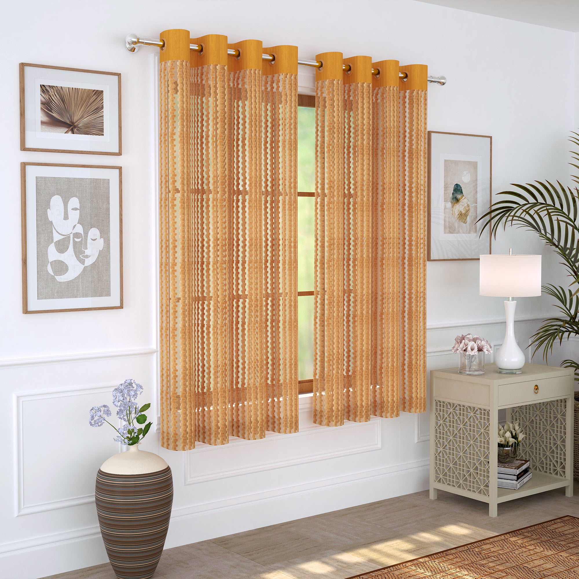 2 Pcs Golden Aura Sheer Net Polyester Window/Door/Long Door Curtains