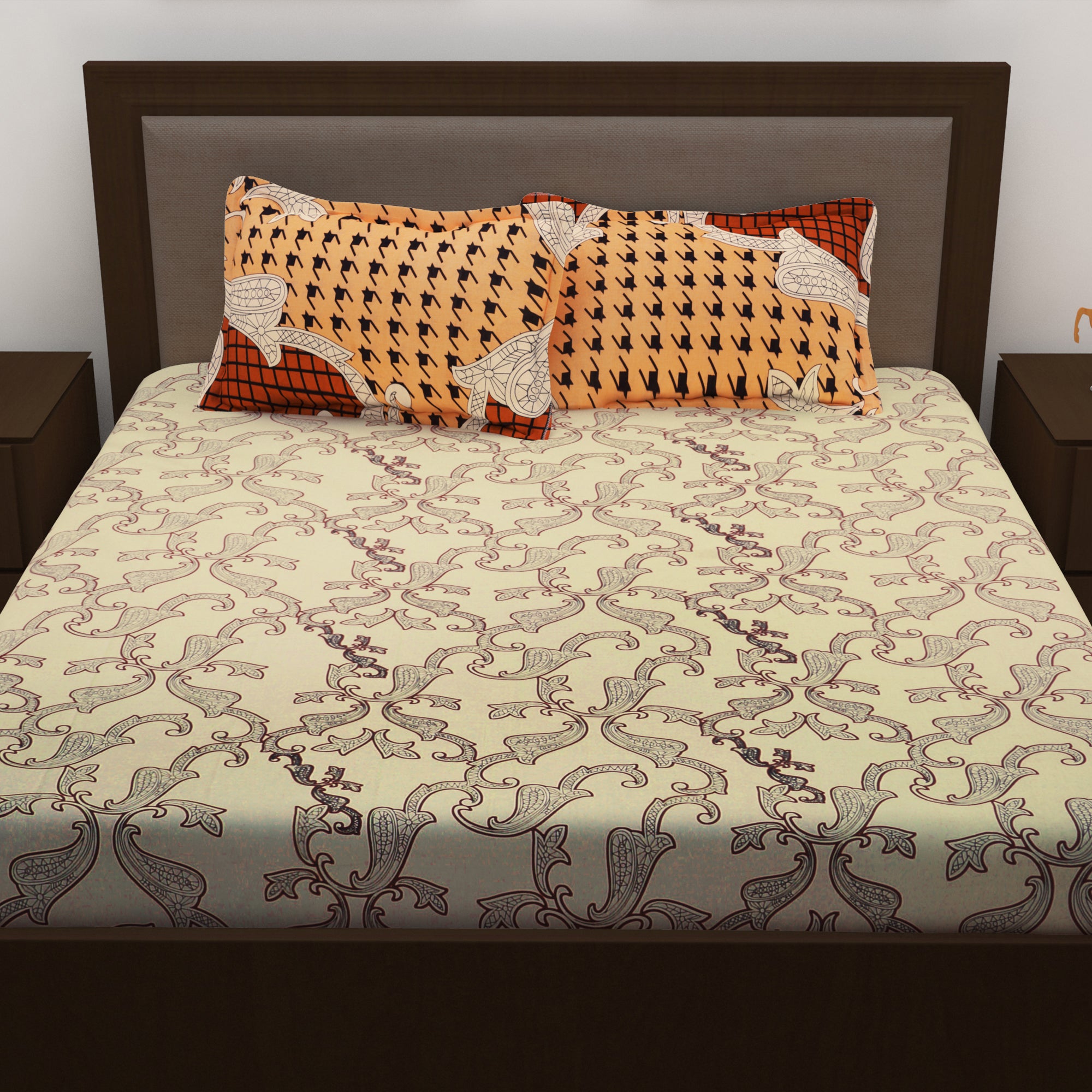 Metro 186 TC Cotton Cream Double Bedsheet with Pillow Covers