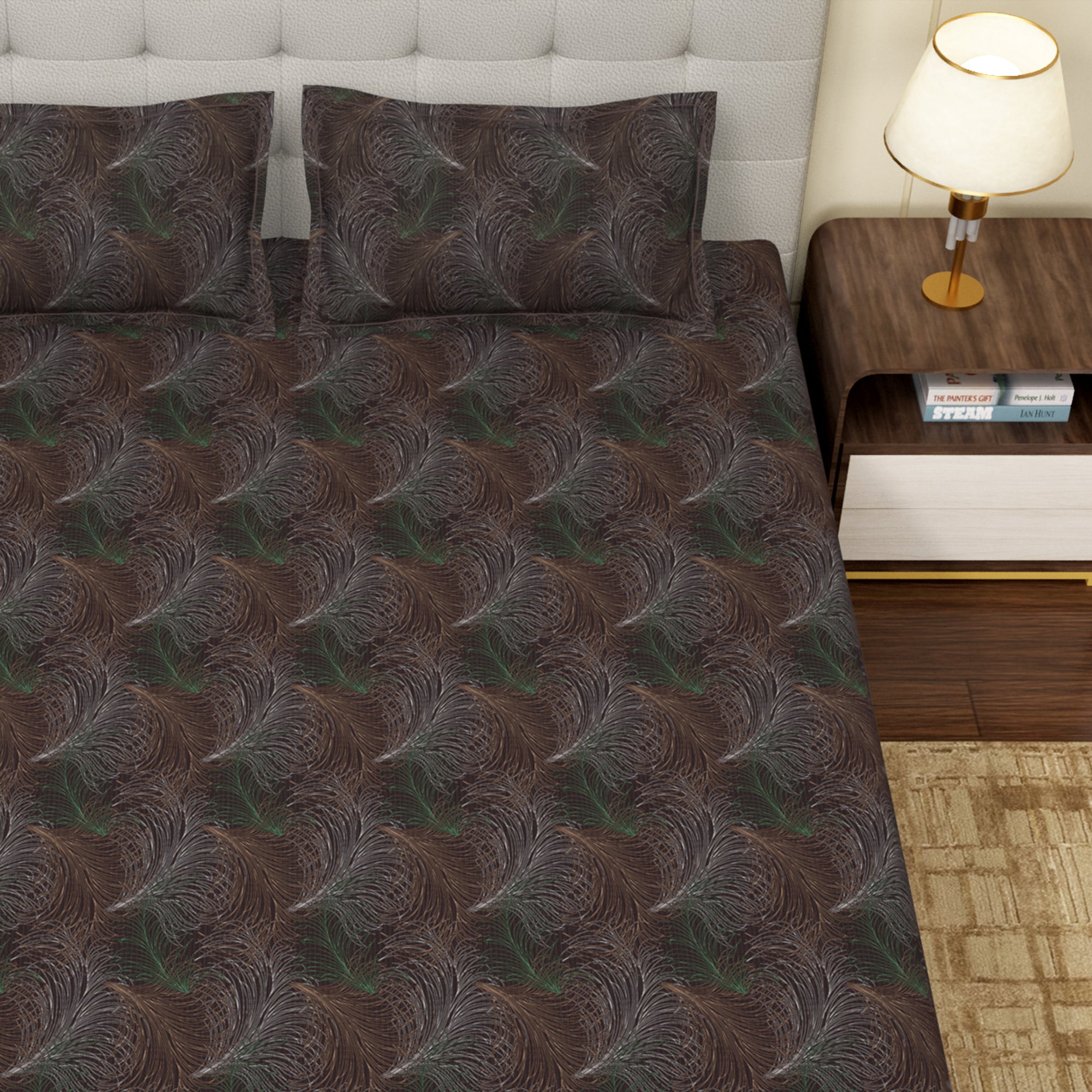 MOLLIS HOMES SUPER KING SIZE BEDSHEET - Seamless Feather Pattern, Walnut