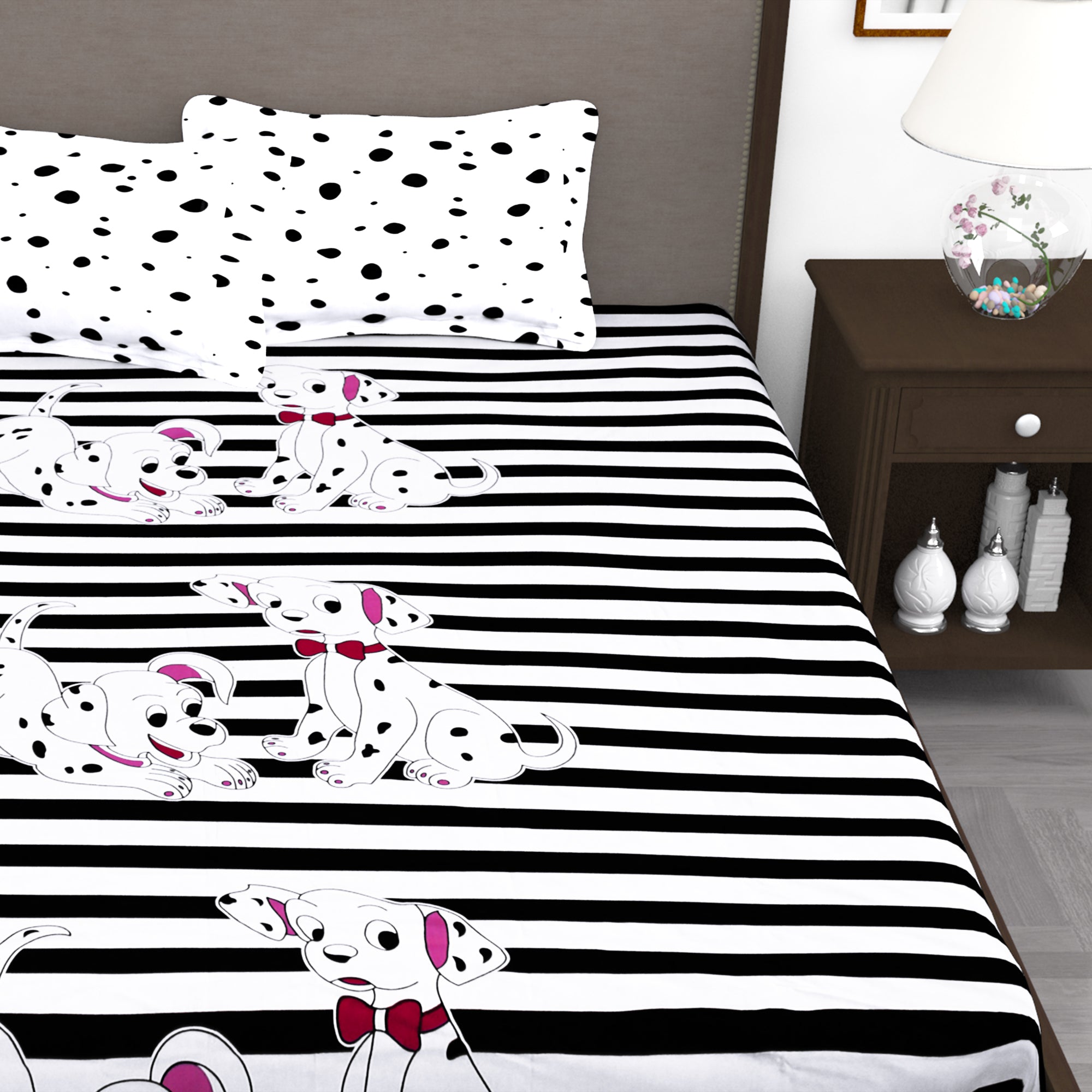 210 TC White Dalmatian Cartoon 1 King Size Bedsheet With 2 Pillow Cover