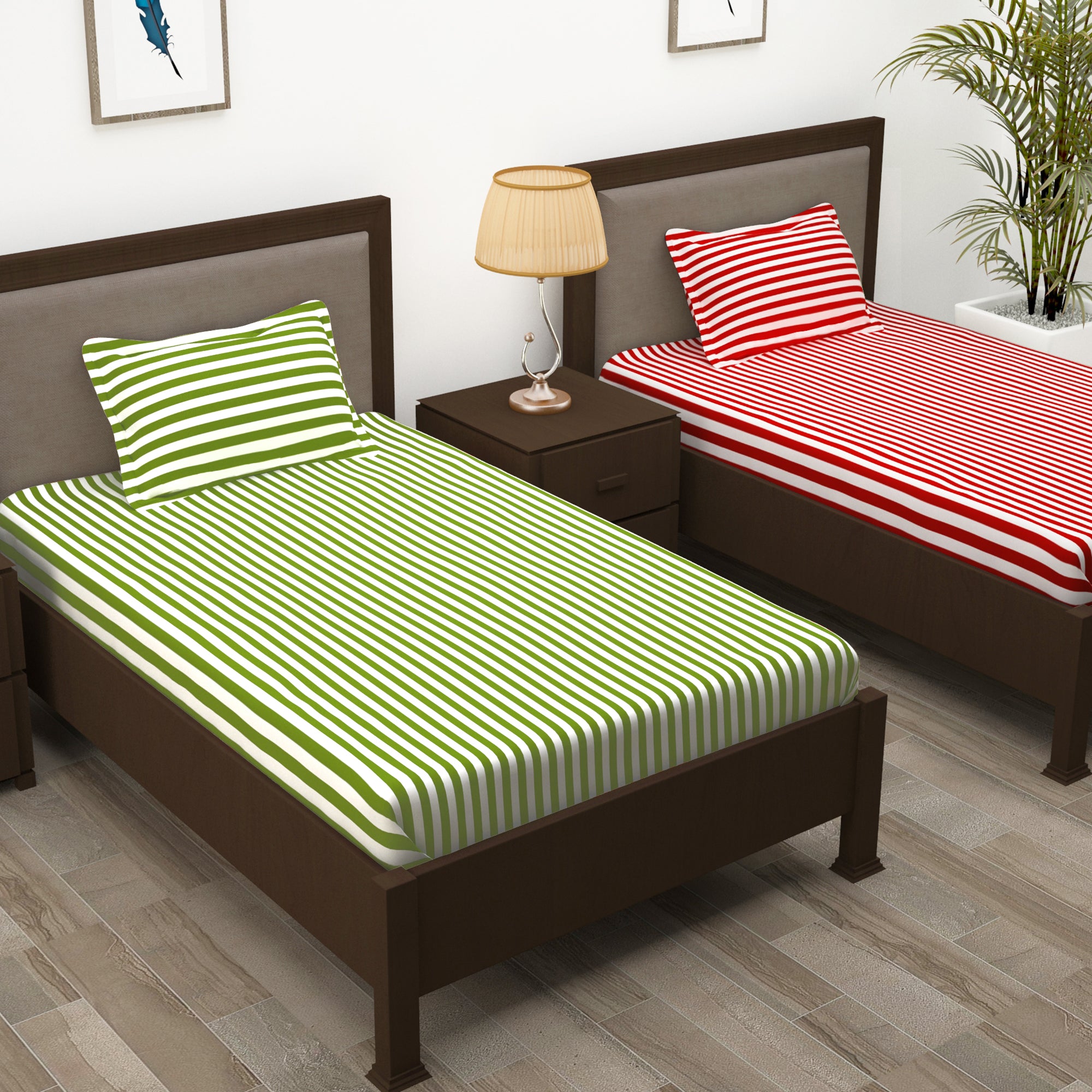 Story@Home 210 TC 100% Cotton Red & Green 2 Single Bedsheet Combo with 2 Pillow Covers