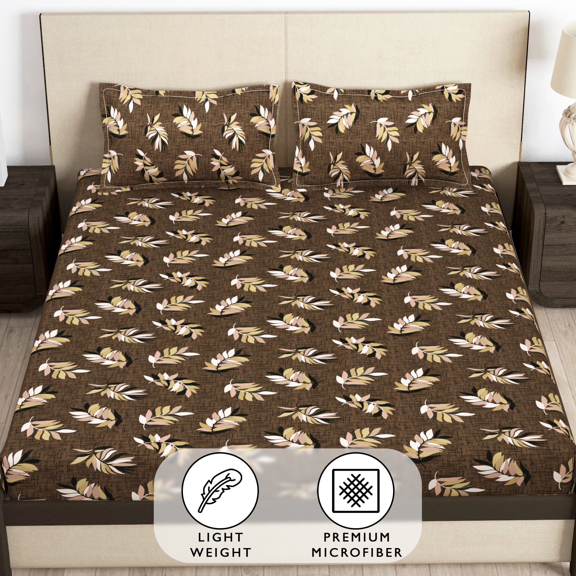 Arena 186 TC Brown Double Size Fitted Bedsheet With 2 Pillow Cover