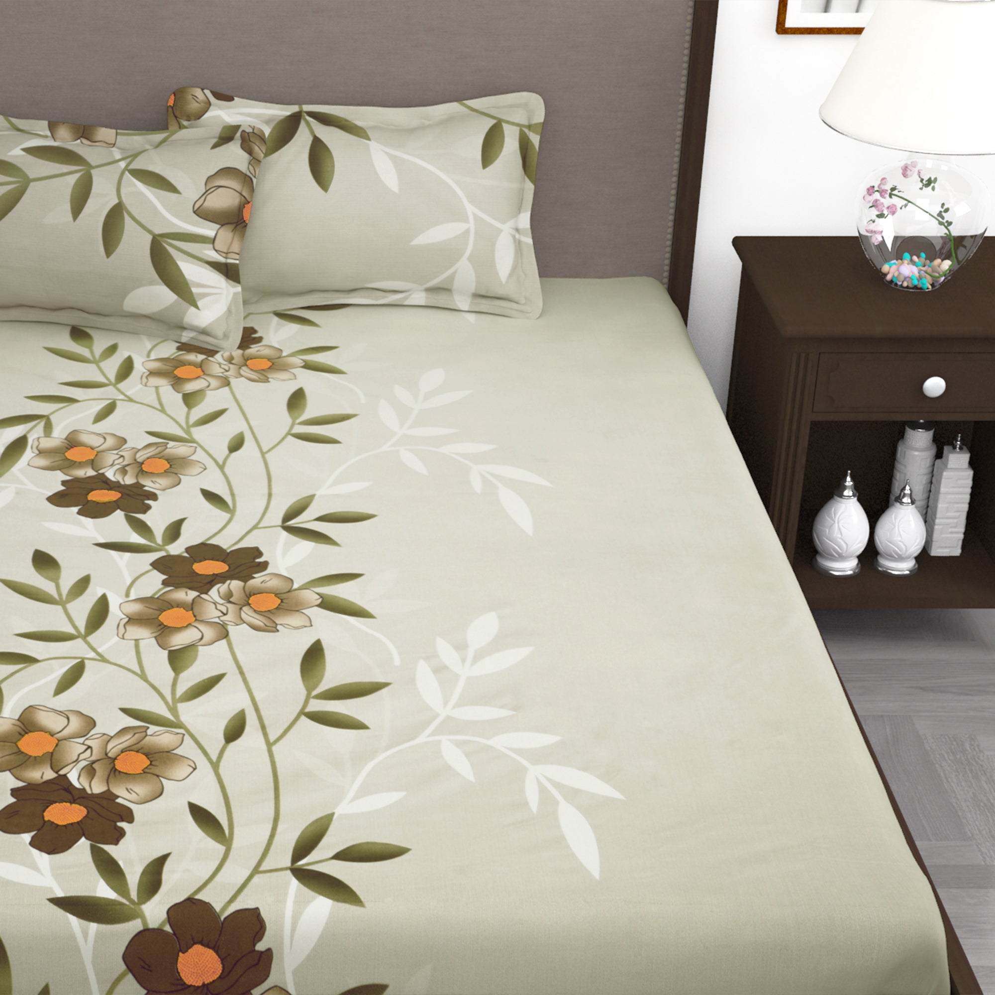 300 TC Grey Floral 1 King Size Bedsheet With 2 Pillow Cover