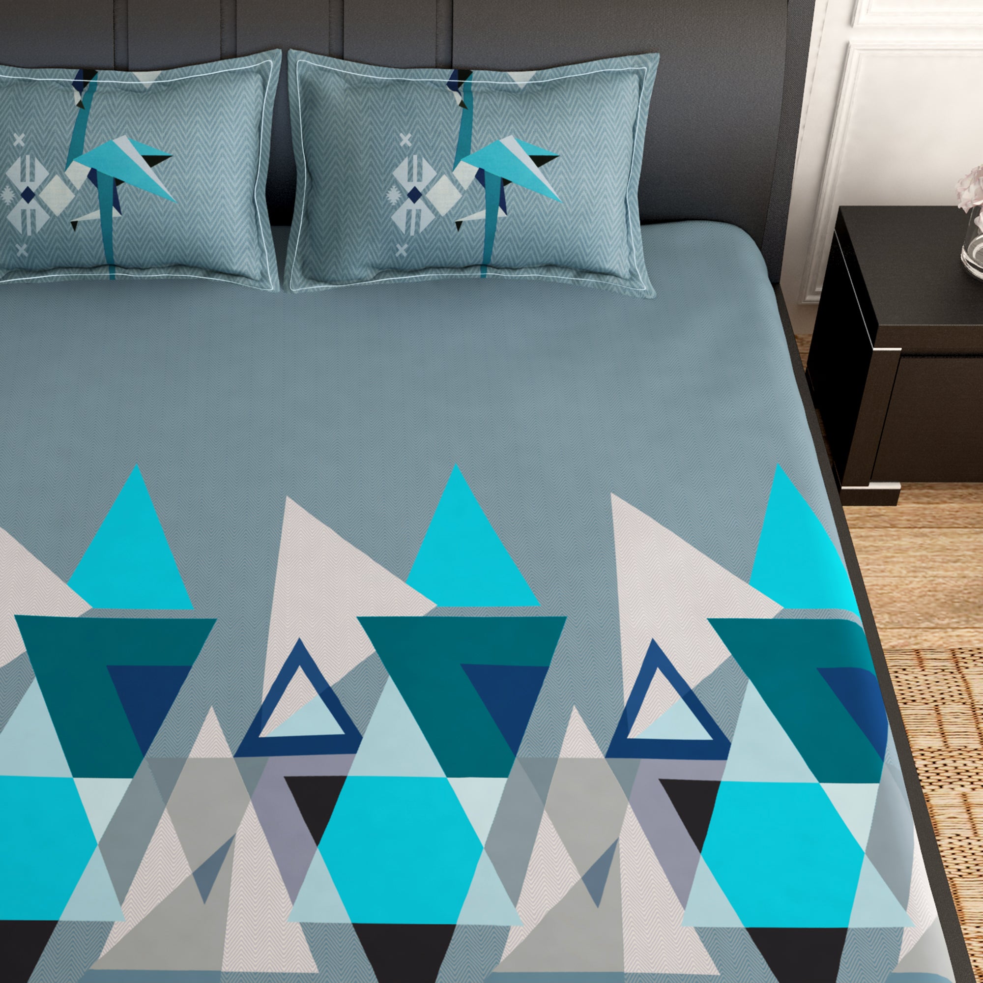 Artini Collection Geometric Pattern King Size Bedsheet - Blue